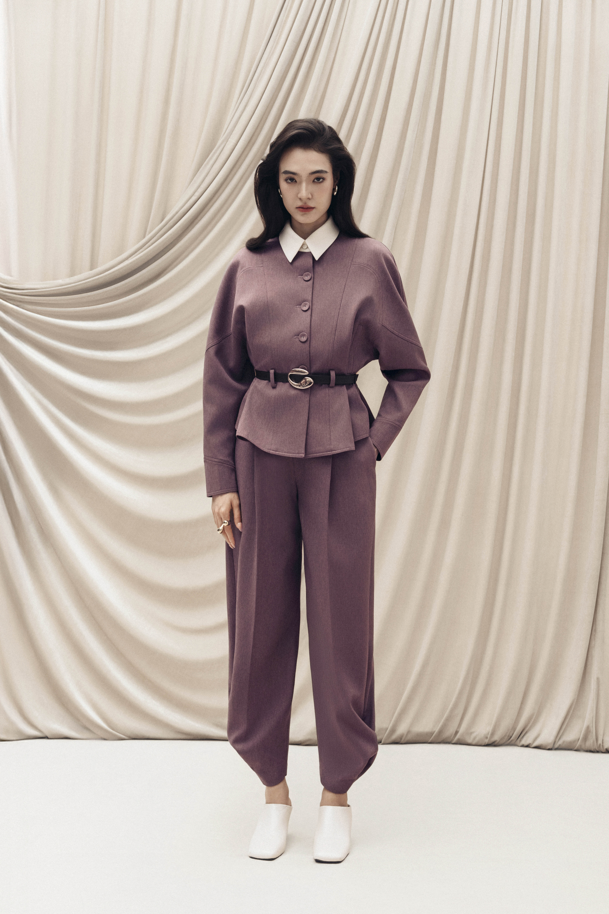Quilted Structure Short Jacket & Pants in Rose Taupe