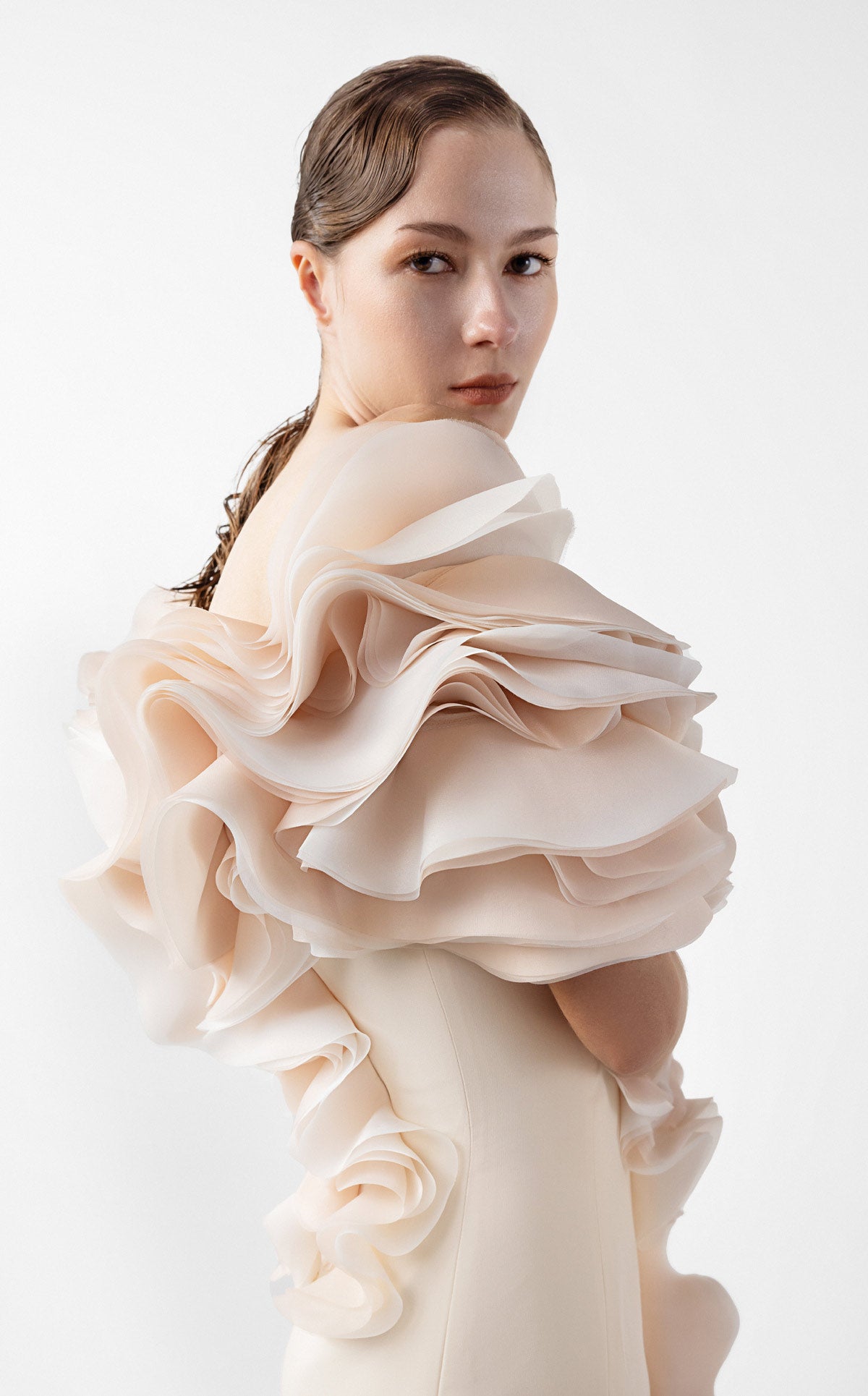 Romantic Cream Gown with Blooming Peach Ruffles G2013