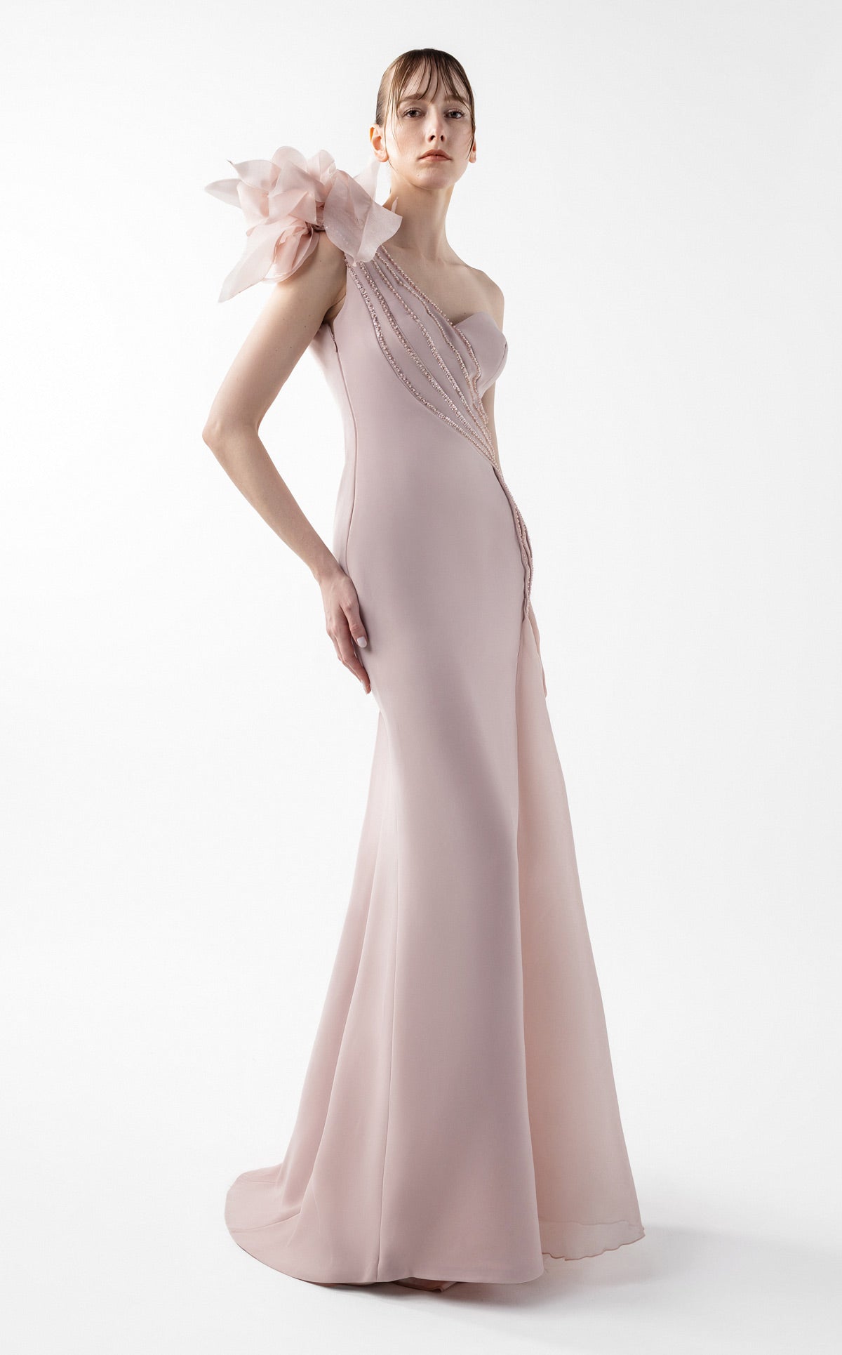 Rosé Petal Cascading Beaded Floral Gown G2026