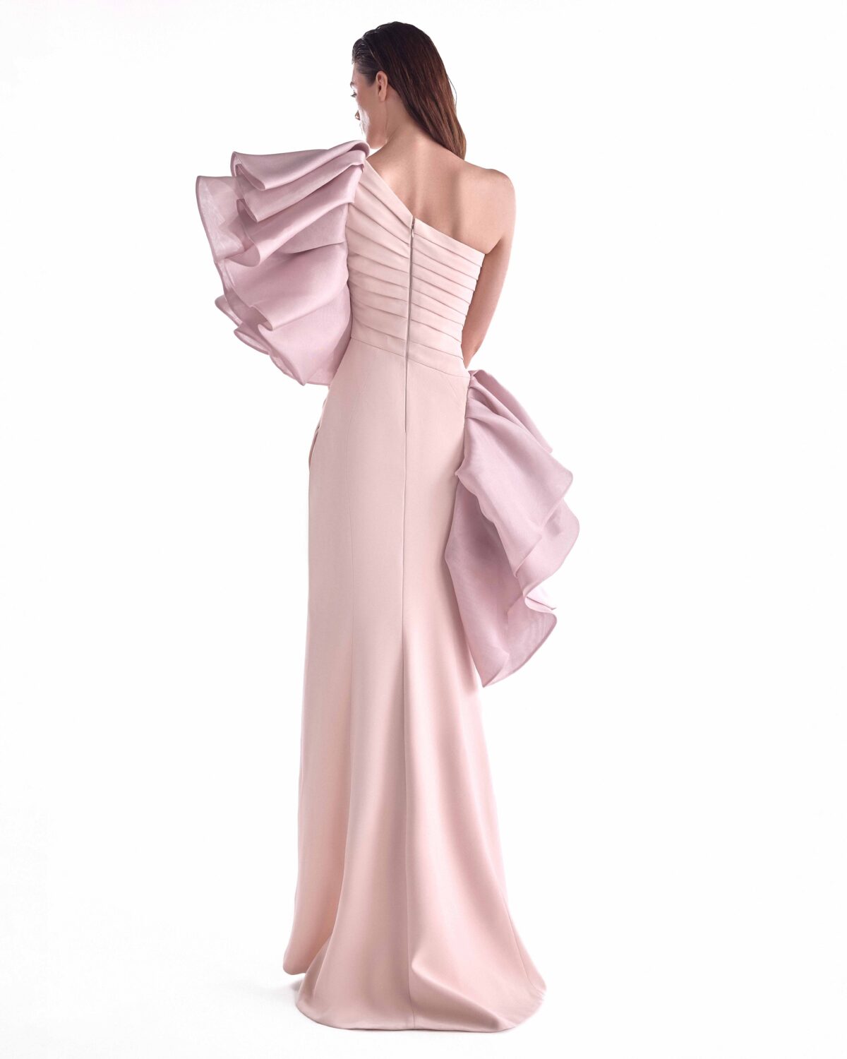 Salmon Pink Crepe Gown with Sculptural Organza Flourishes G2124