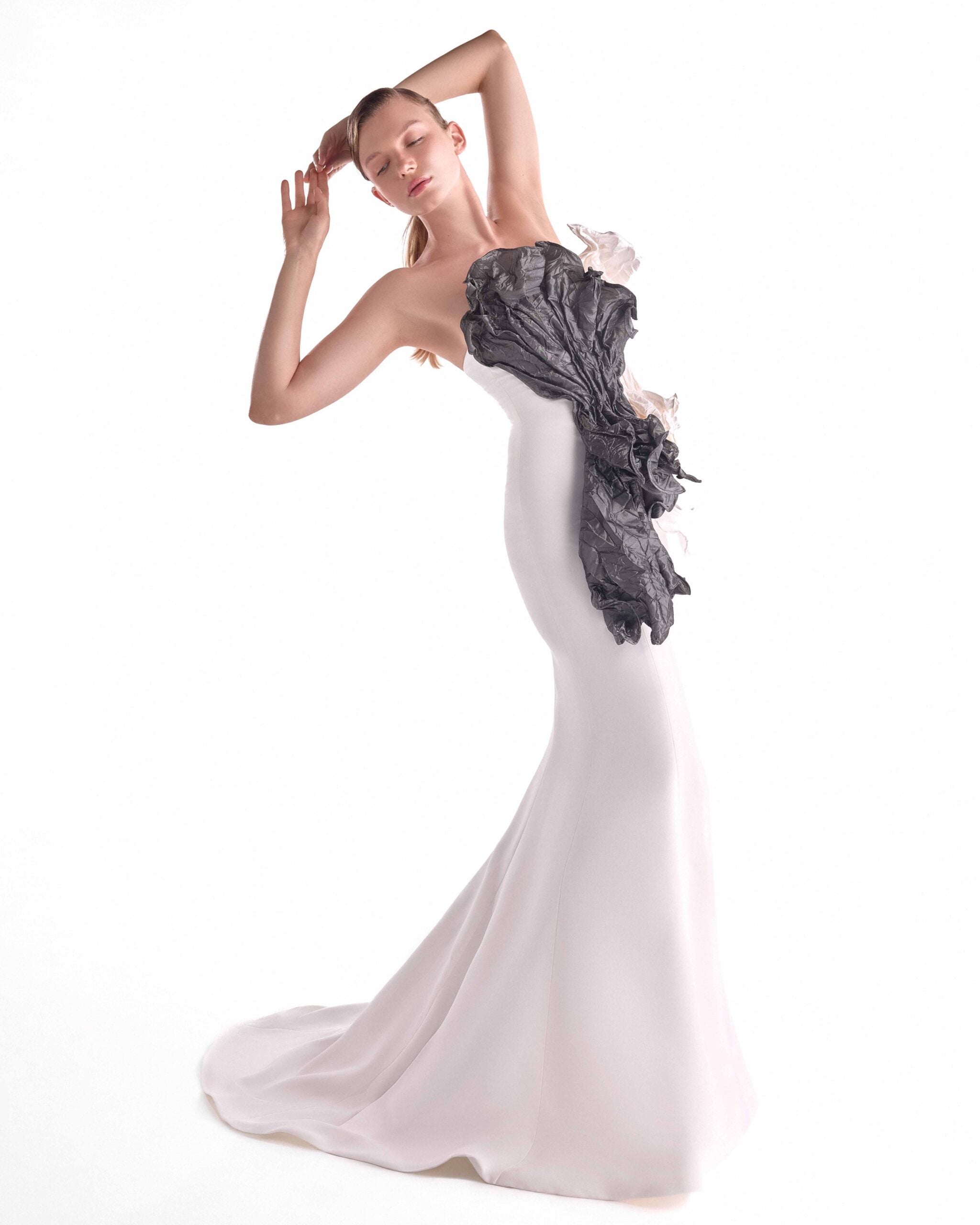 Sculpted Dual-Tone Taffeta Bloom, Off-White Mermaid Gown G2117