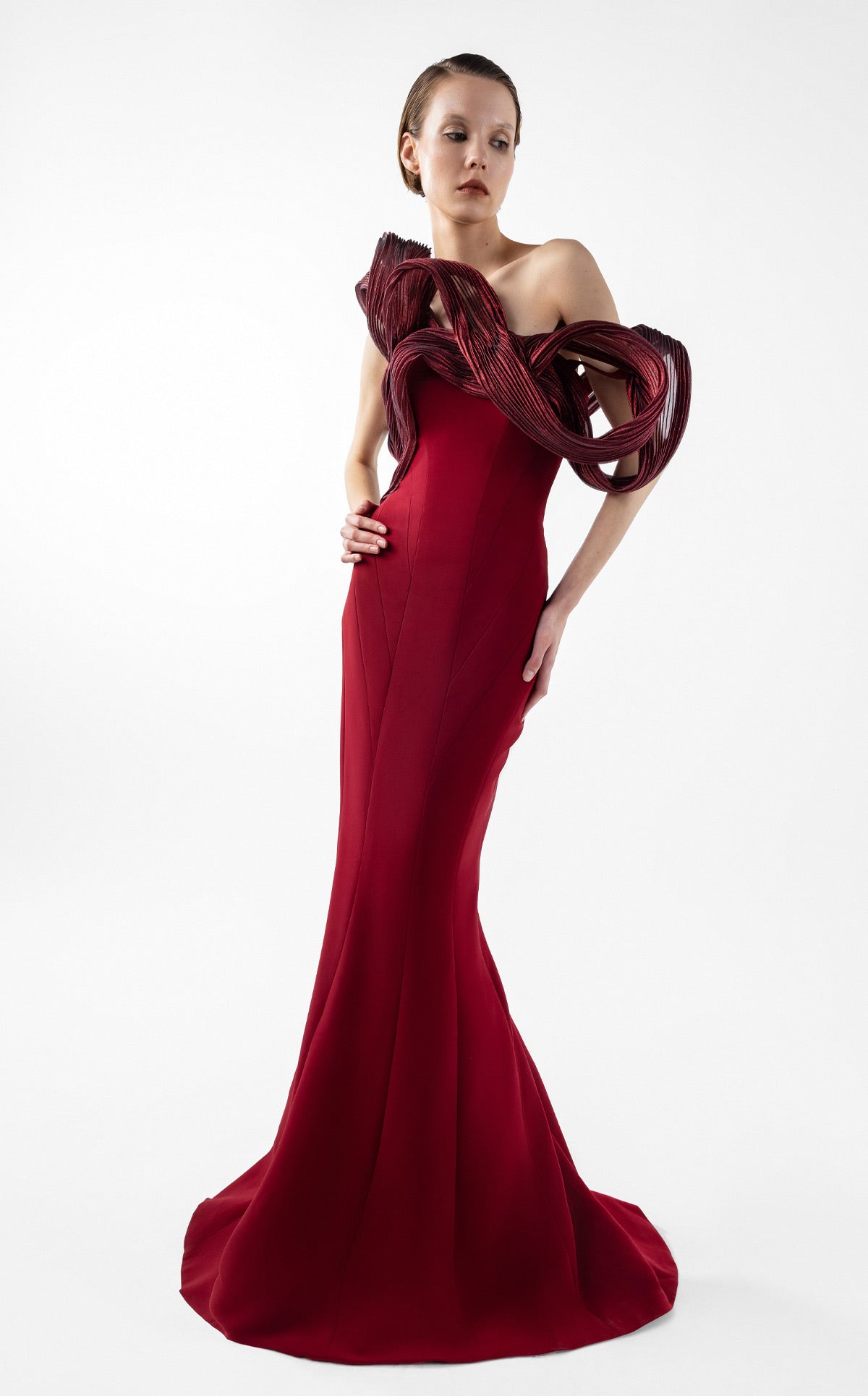 Sculptural Ribbed Lamé Organza Burgundy Mermaid Dress G2009
