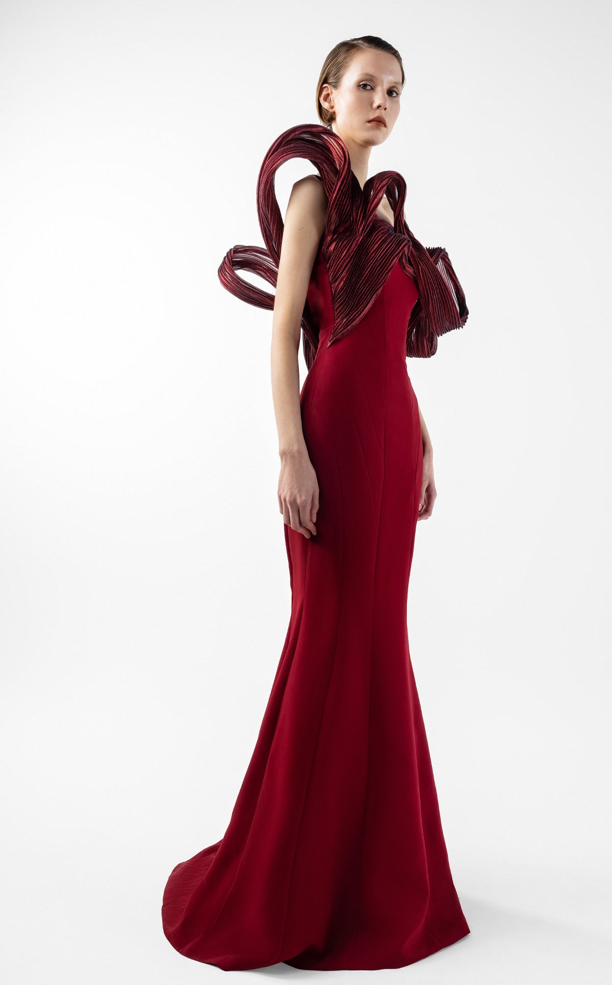 Sculptural Ribbed Lamé Organza Burgundy Mermaid Dress G2009