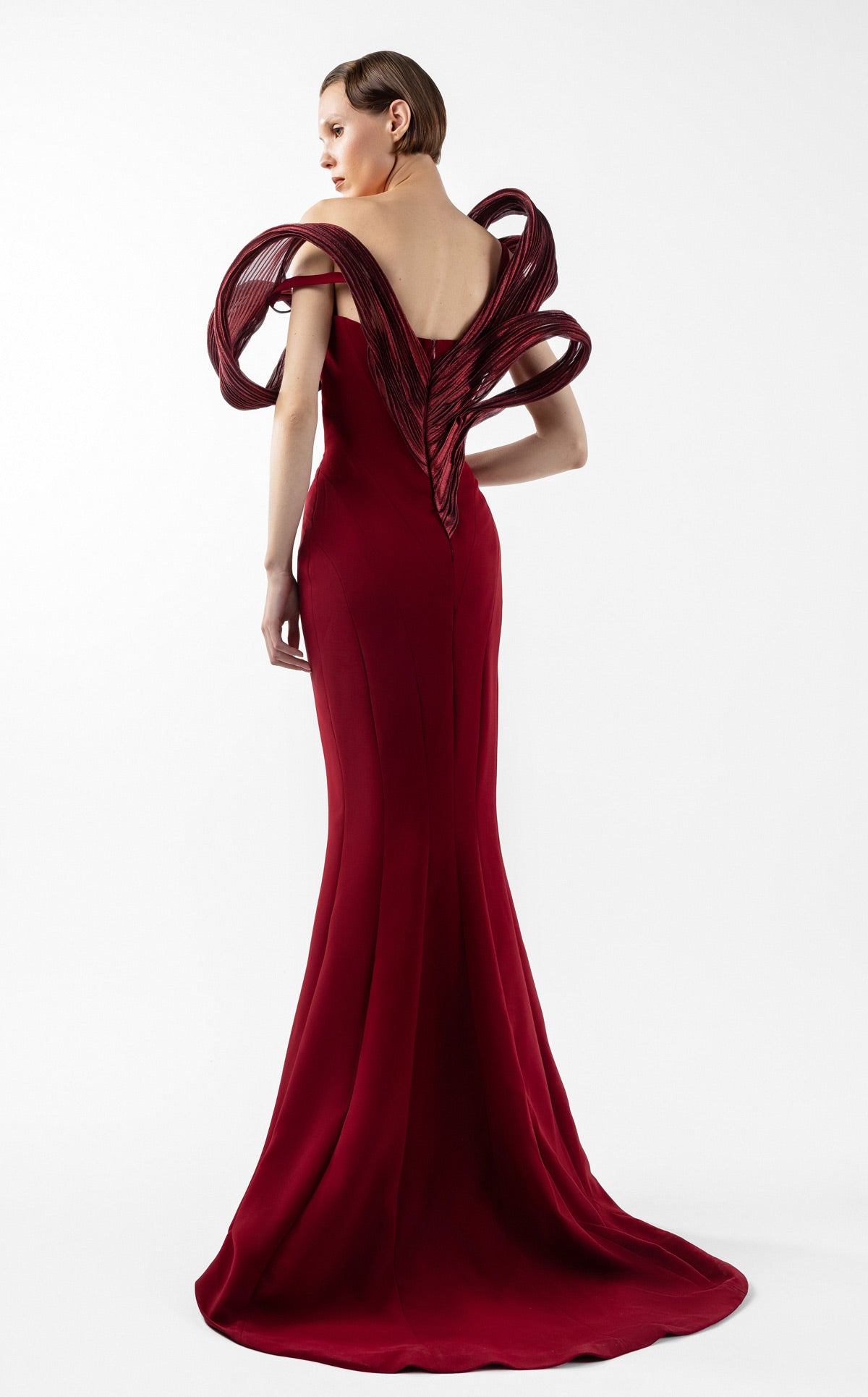 Sculptural Ribbed Lamé Organza Burgundy Mermaid Dress G2009
