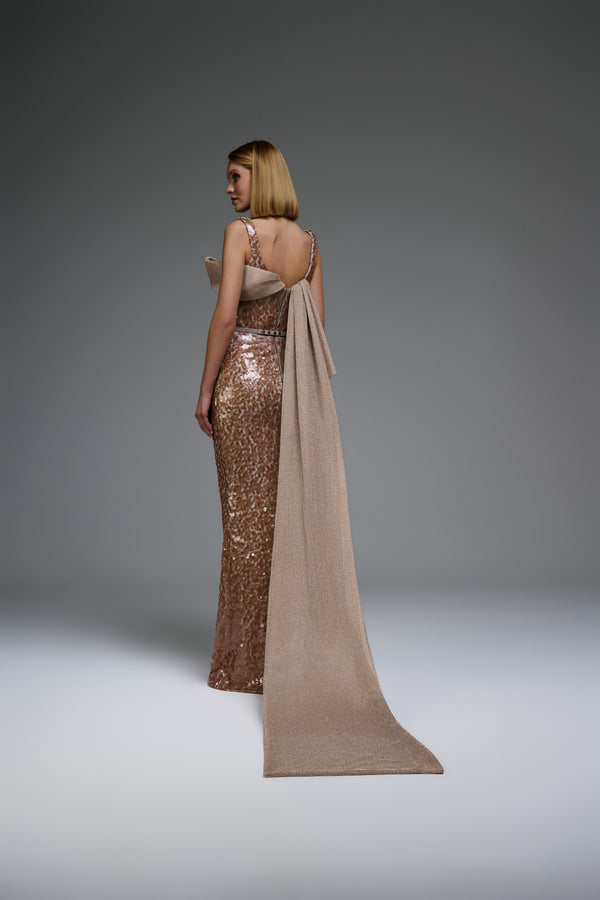 Sequin Column Gown with Dramatic Cape Train E0108