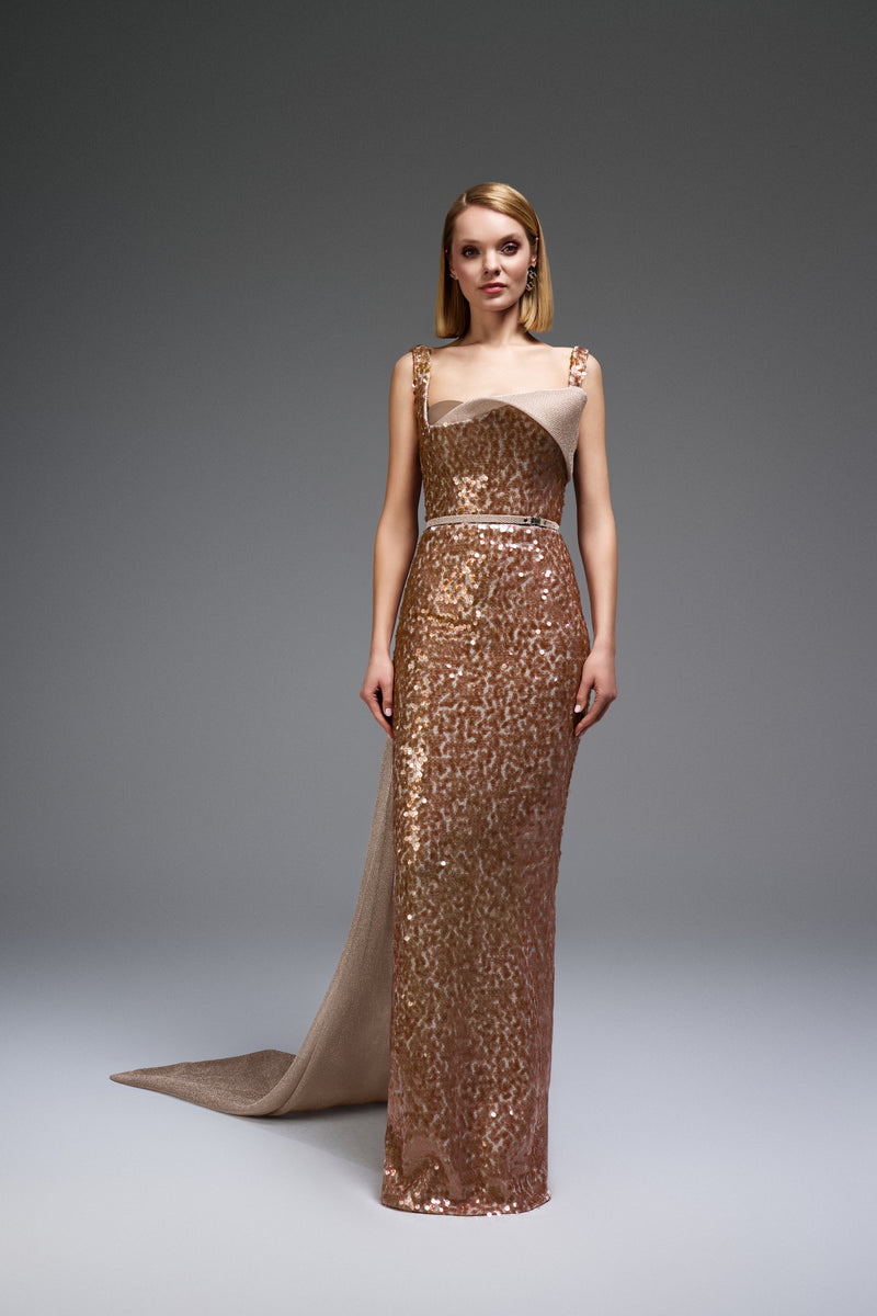 Sequin Column Gown with Dramatic Cape Train E0108