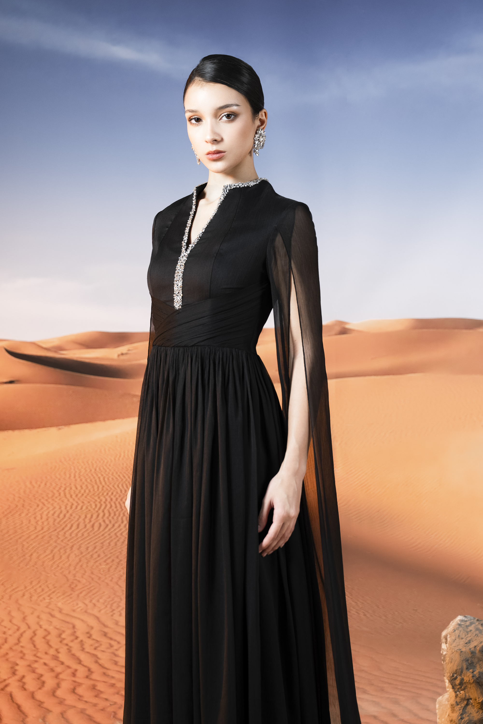 Sheer Cape Sleeve Black Pleated Maxi Gown