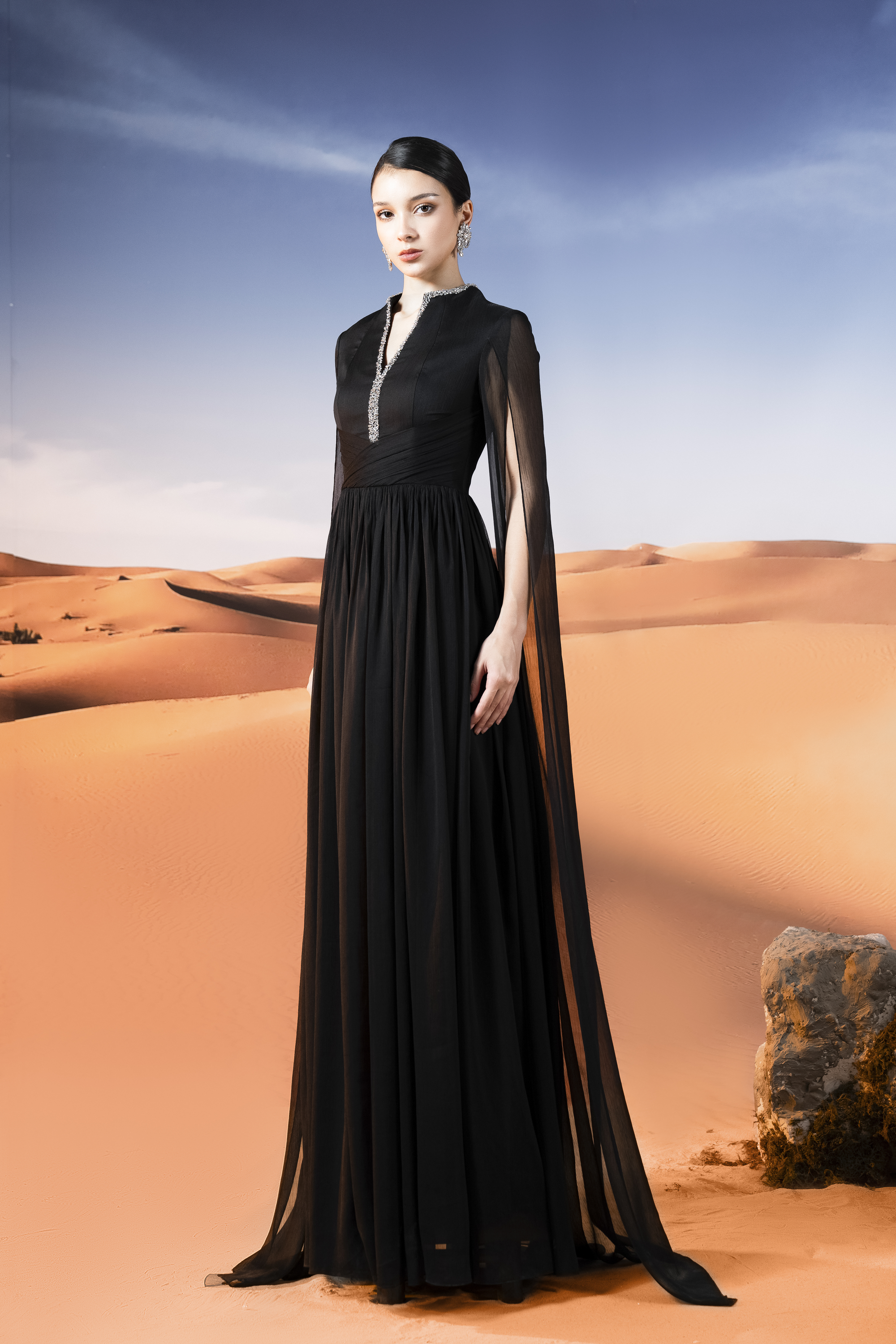 Sheer Cape Sleeve Black Pleated Maxi Gown