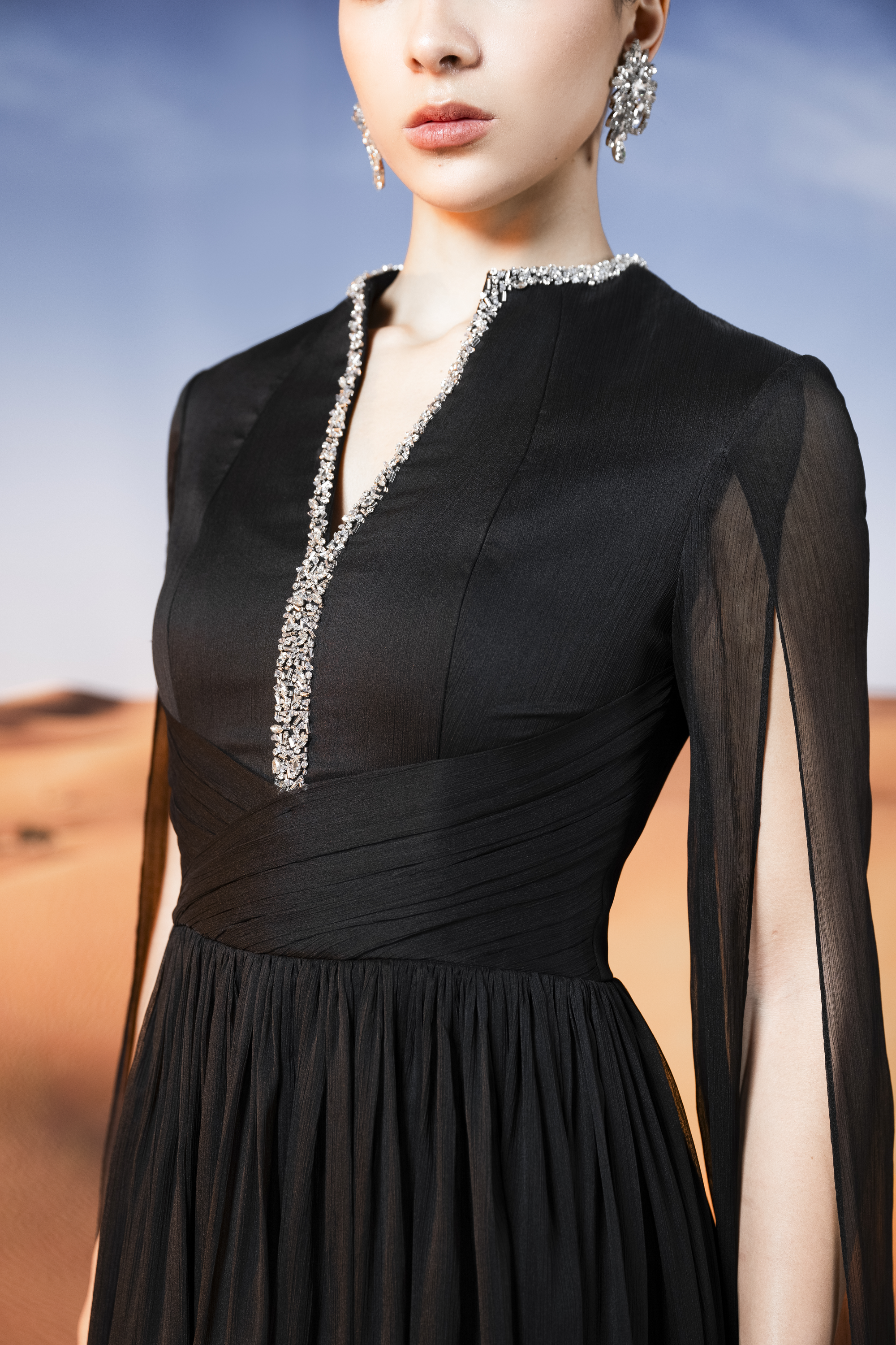 Sheer Cape Sleeve Black Pleated Maxi Gown