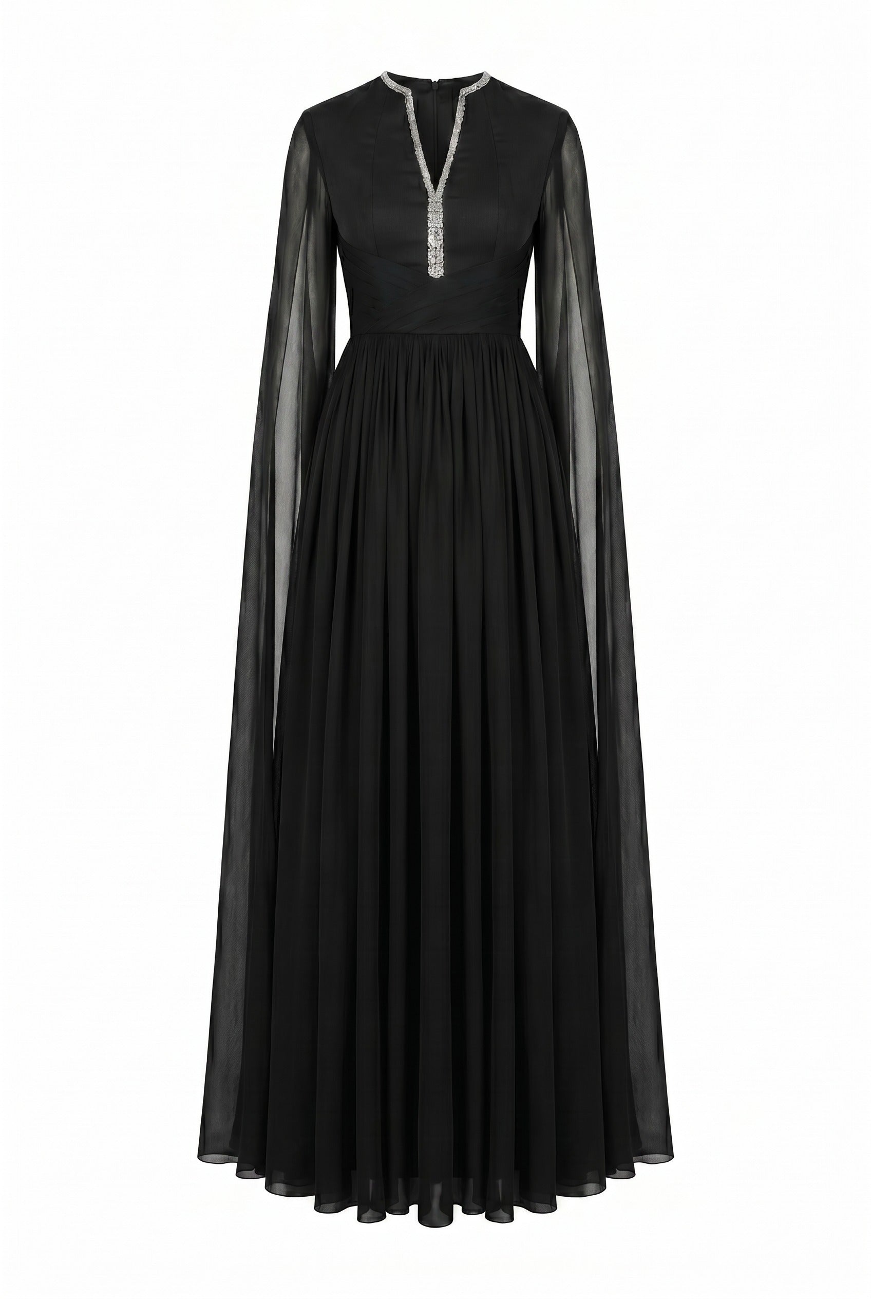 Sheer Cape Sleeve Black Pleated Maxi Gown