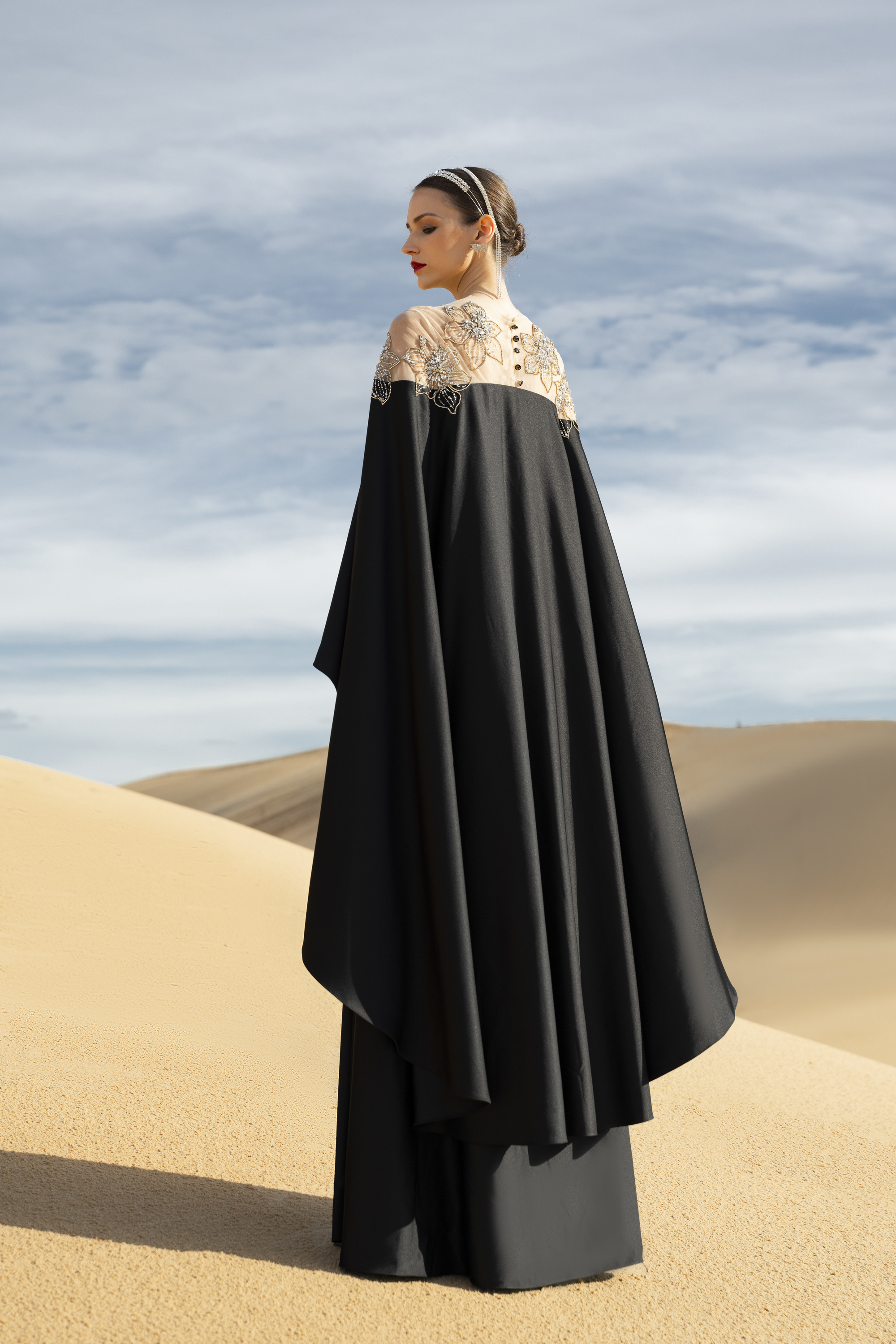 Sheer Embellished Cape Black Maxi Gown