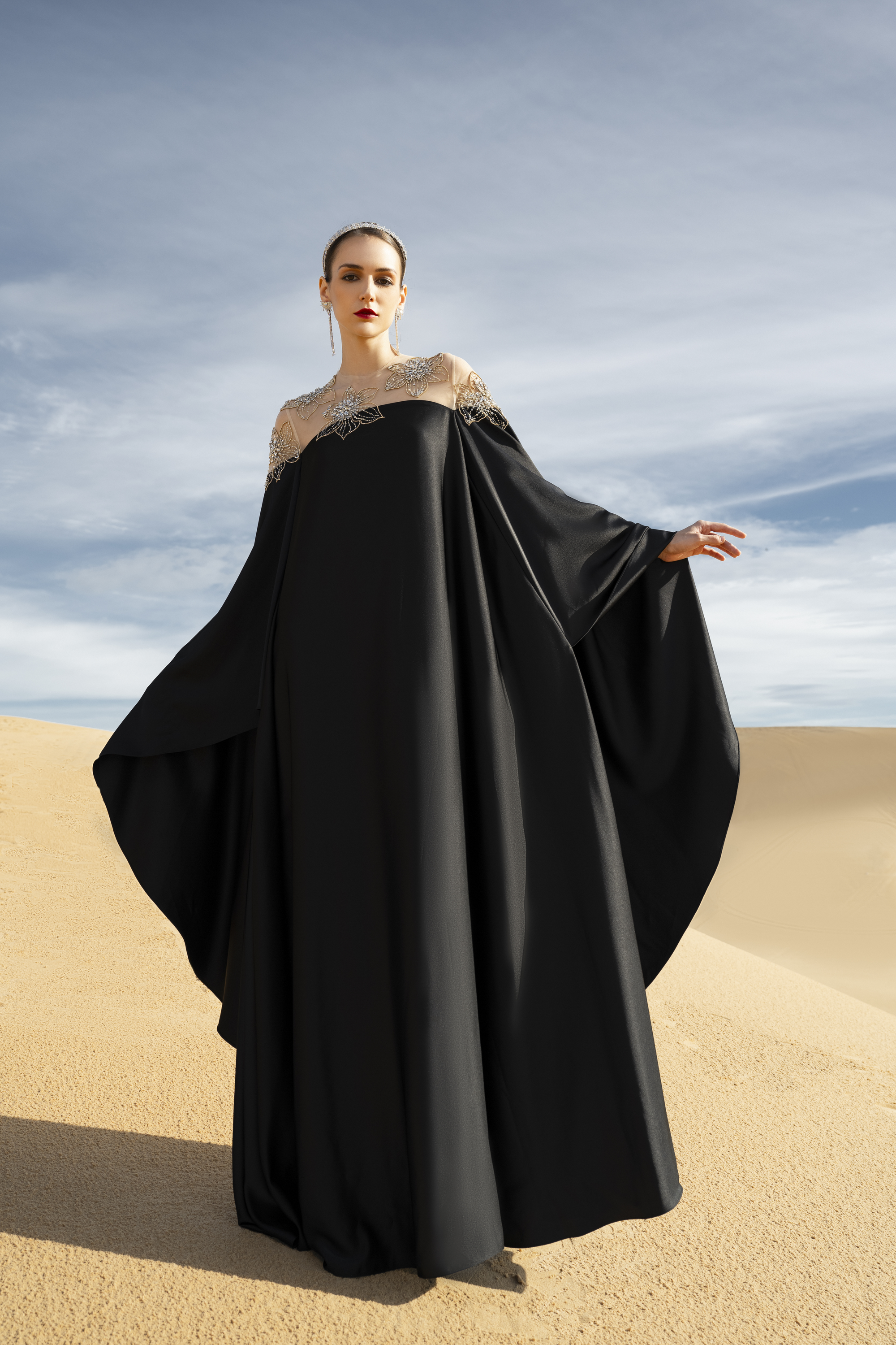 Sheer Embellished Cape Black Maxi Gown