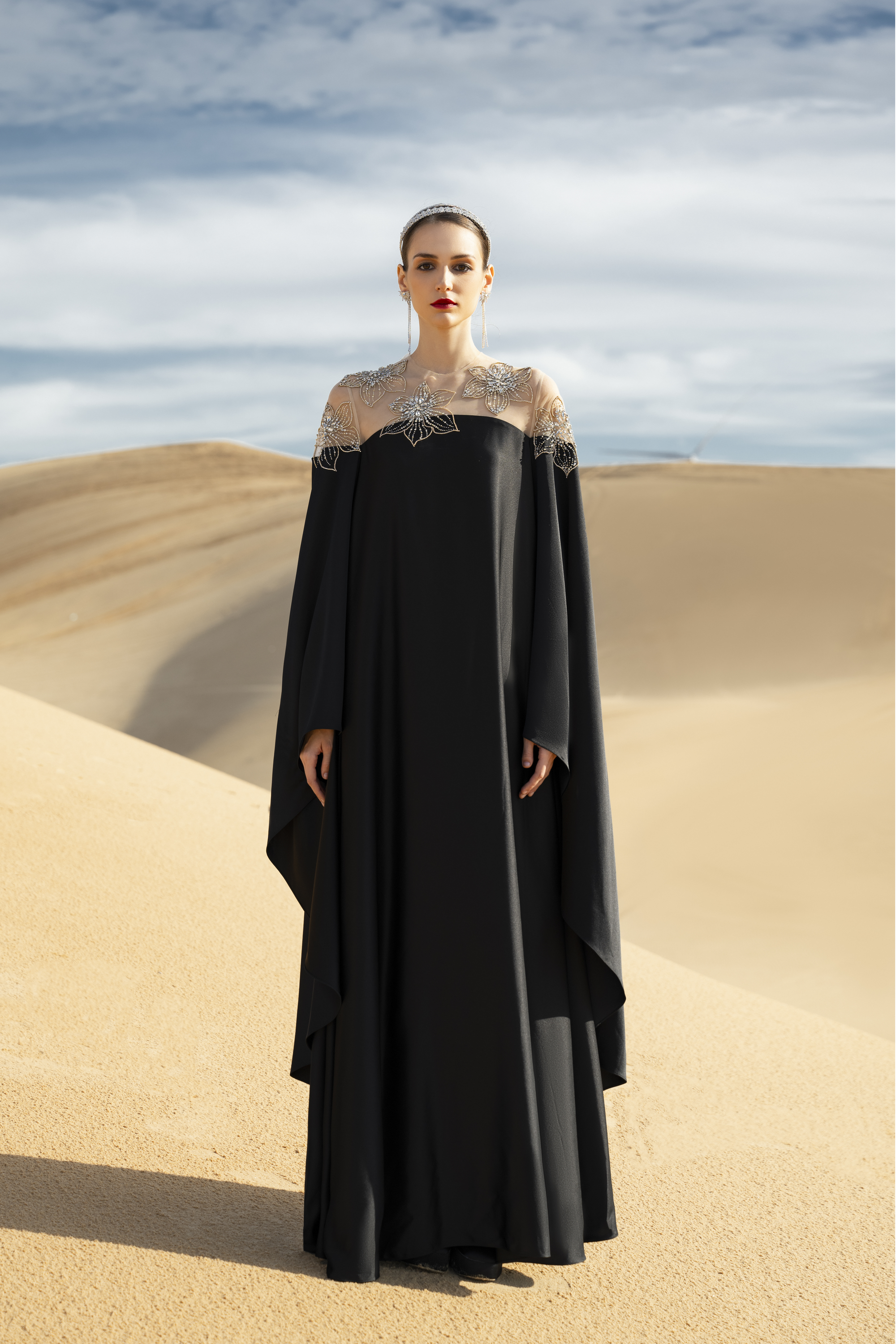 Sheer Embellished Cape Black Maxi Gown