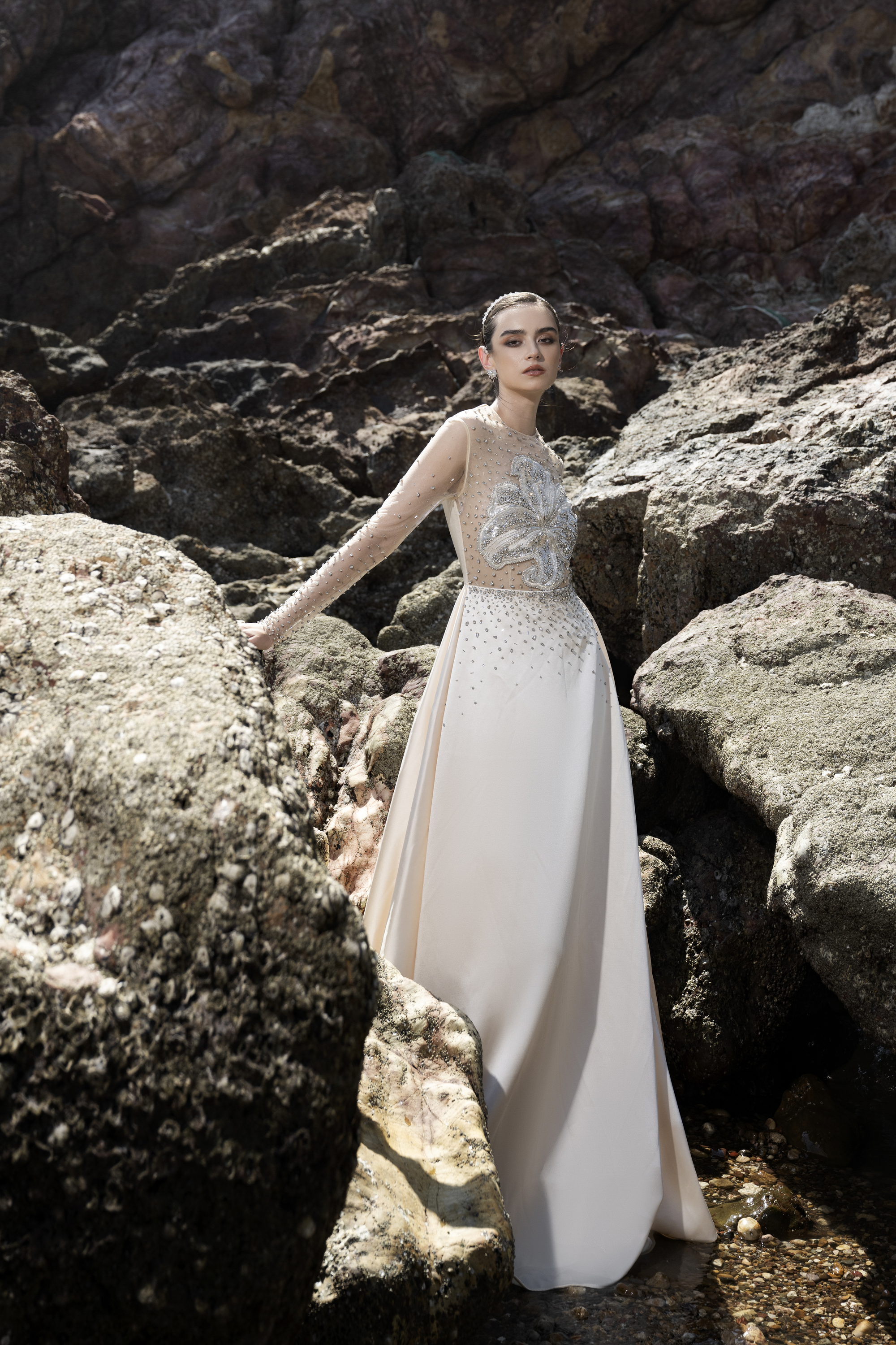 Sheer Embellished White Long Sleeve Maxi Gown