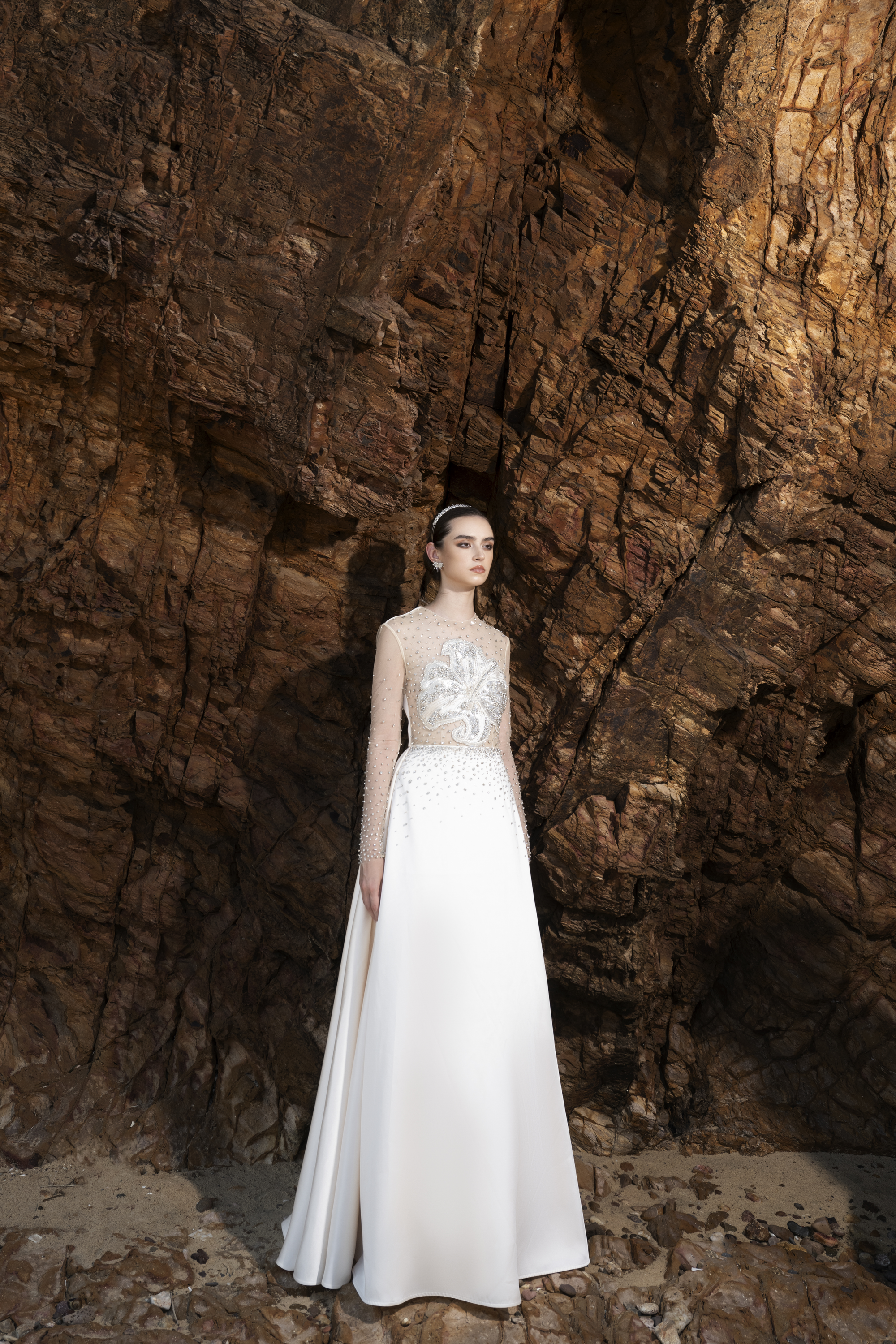 Sheer Embellished White Long Sleeve Maxi Gown