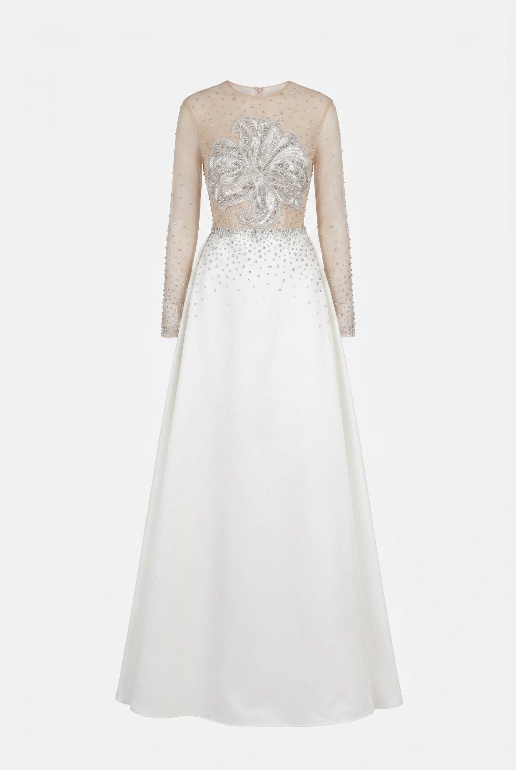 Sheer Embellished White Long Sleeve Maxi Gown