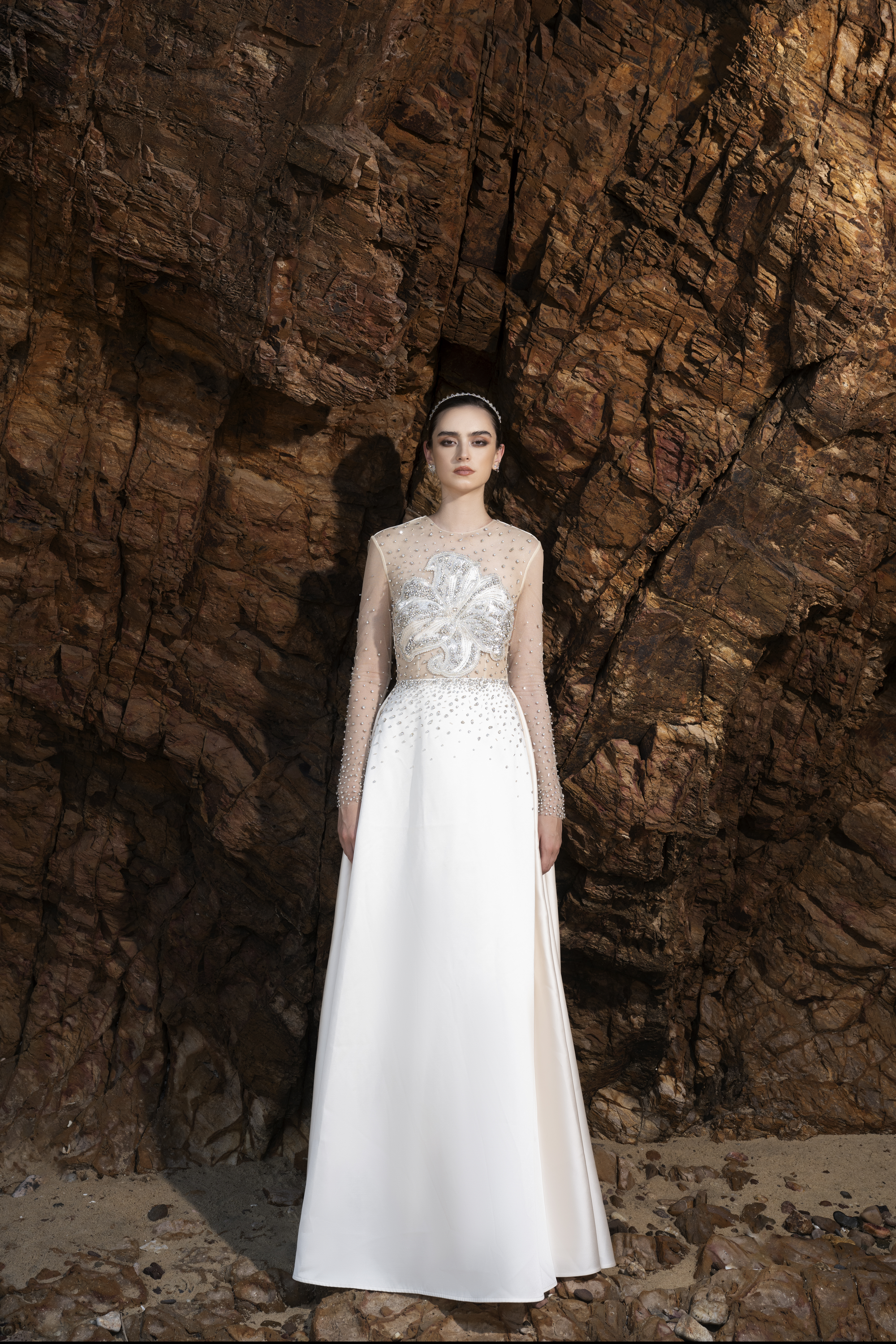 Sheer Embellished White Long Sleeve Maxi Gown
