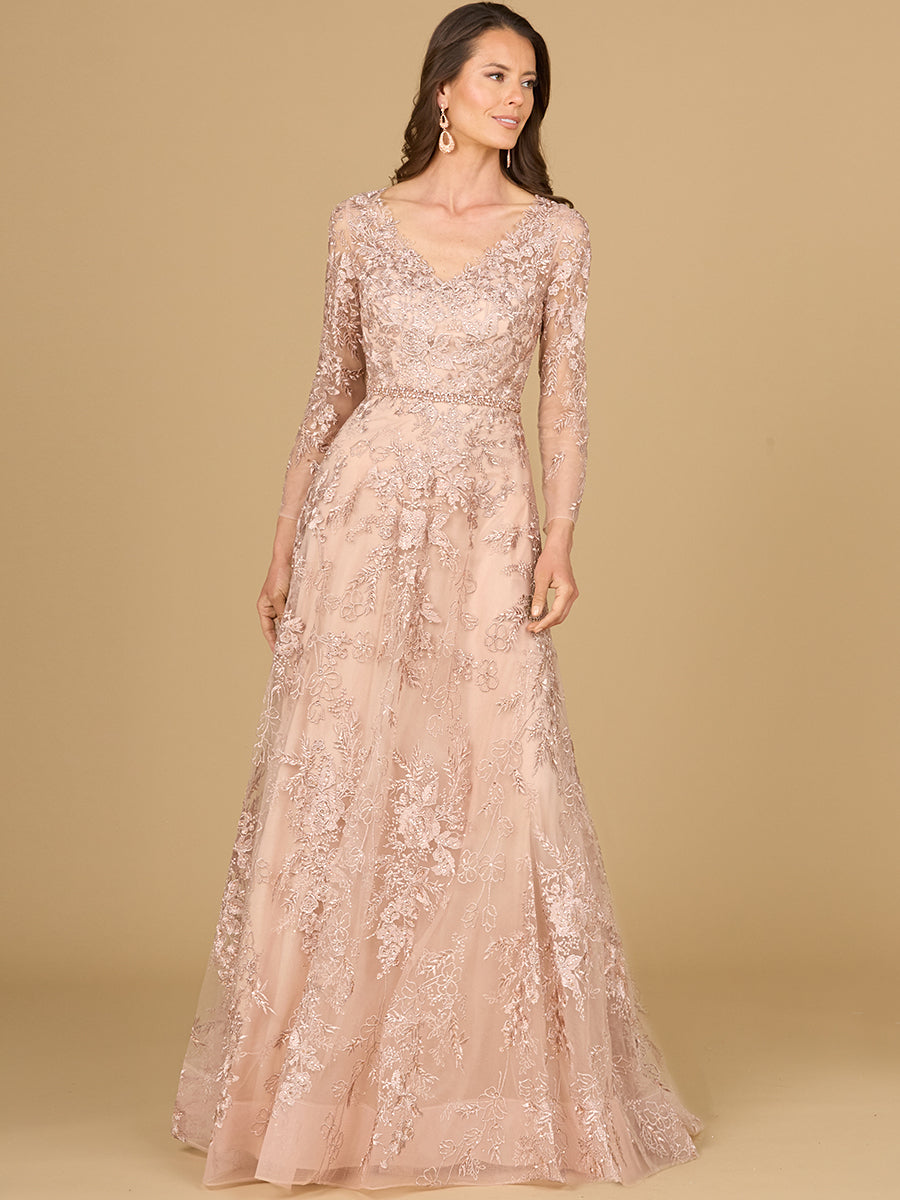Shimmering Lace A-Line Gown with Long Sleeves 29132