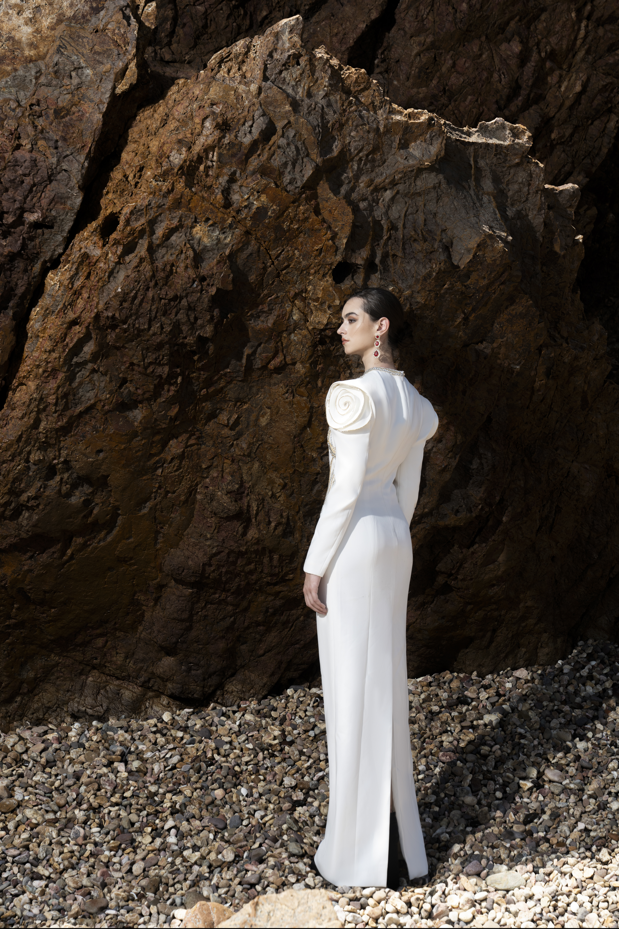 Shoulder Embellished White Column Gown