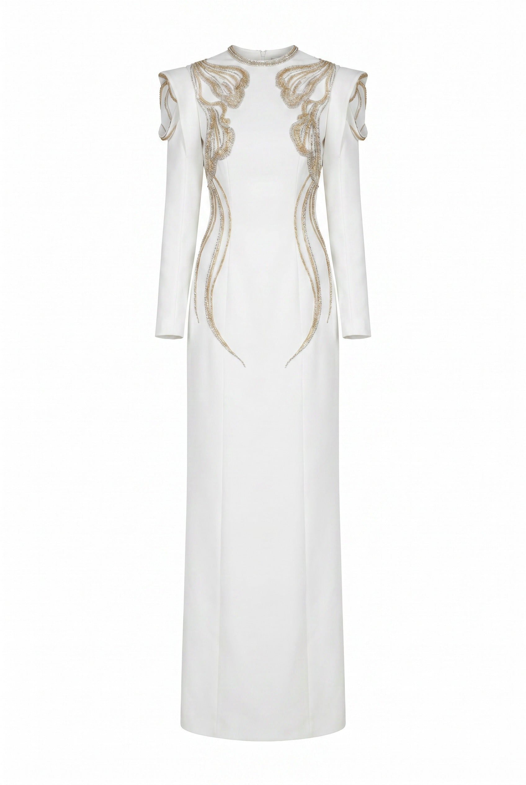 Shoulder Embellished White Column Gown