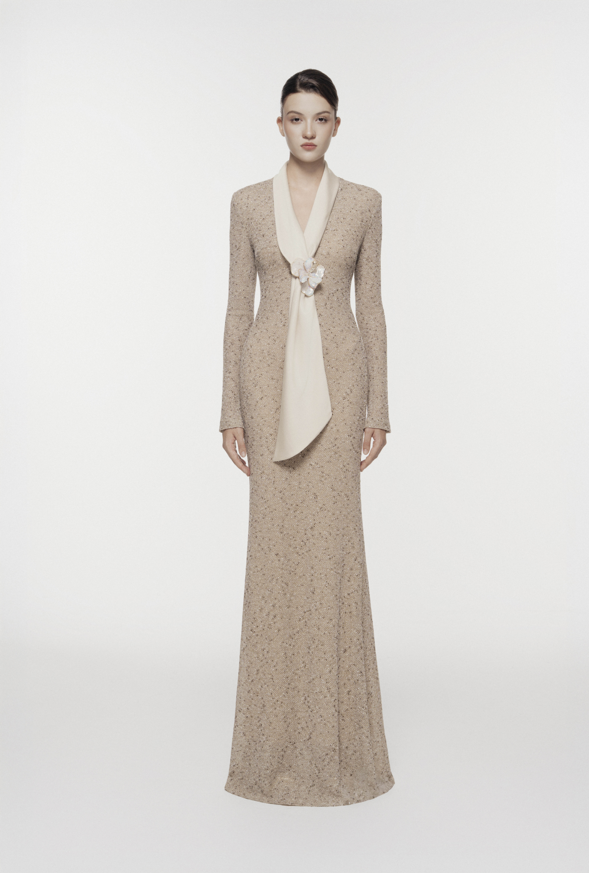 Silk Scarf-Lapel Column Gown