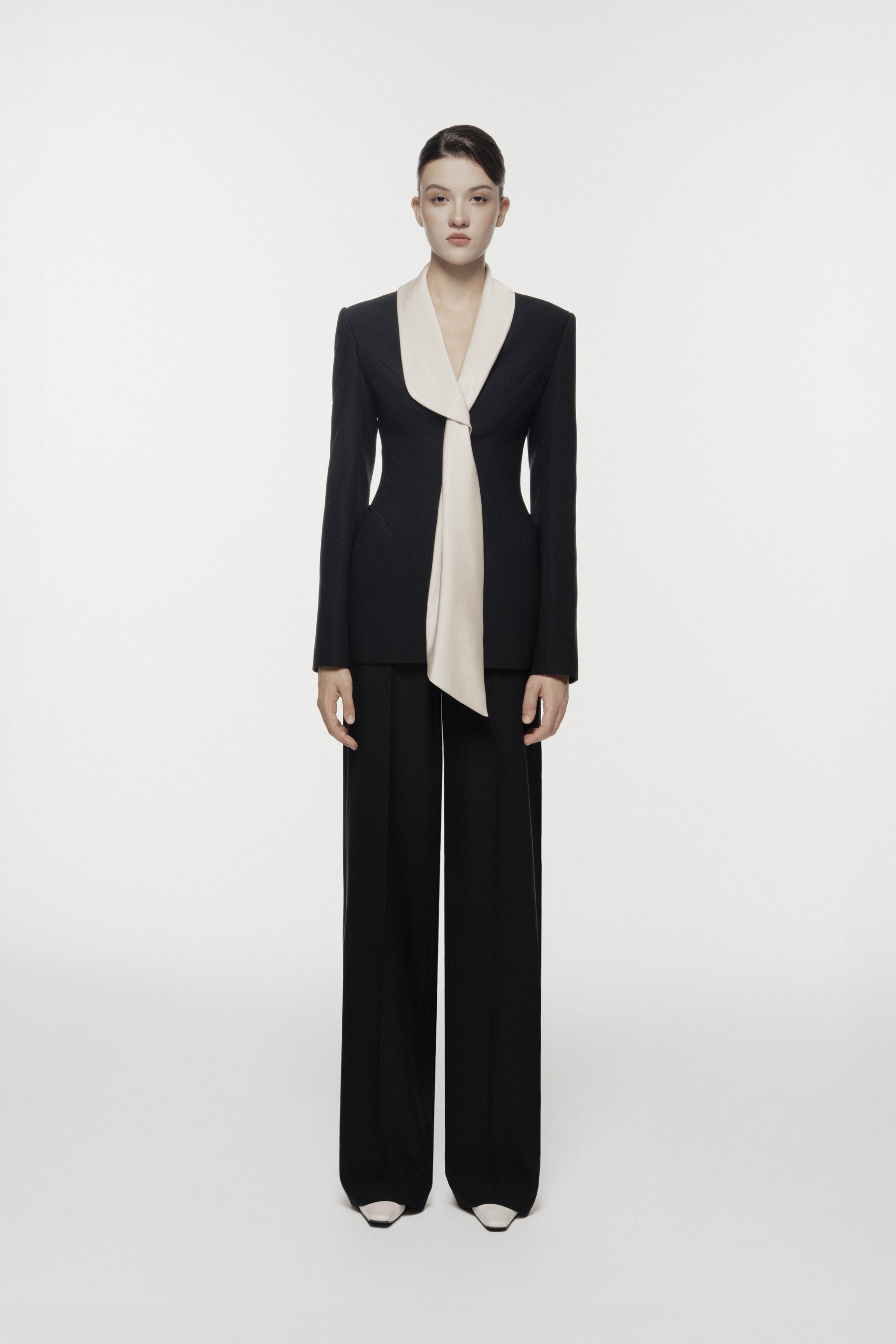 Silk-Scarf Lapel Tailored Set Design