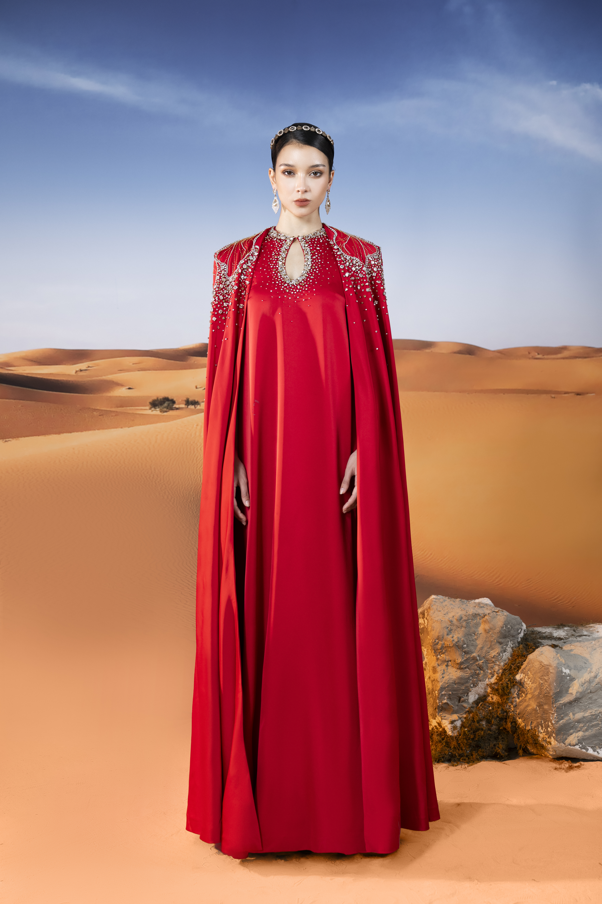 Sophistic Cape Keyhole Neck Velvet Satin Maxi Set