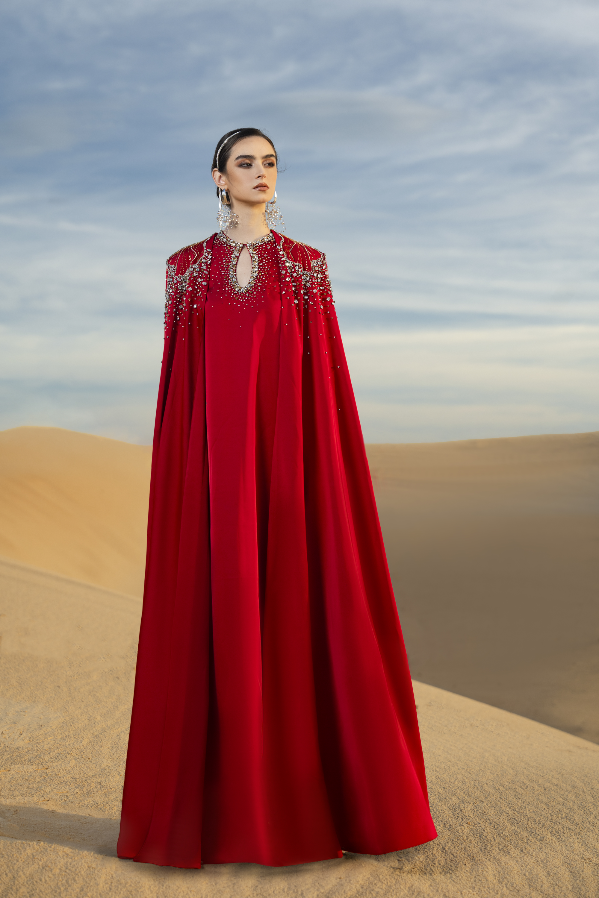 Sophistic Cape Keyhole Neck Velvet Satin Maxi Set