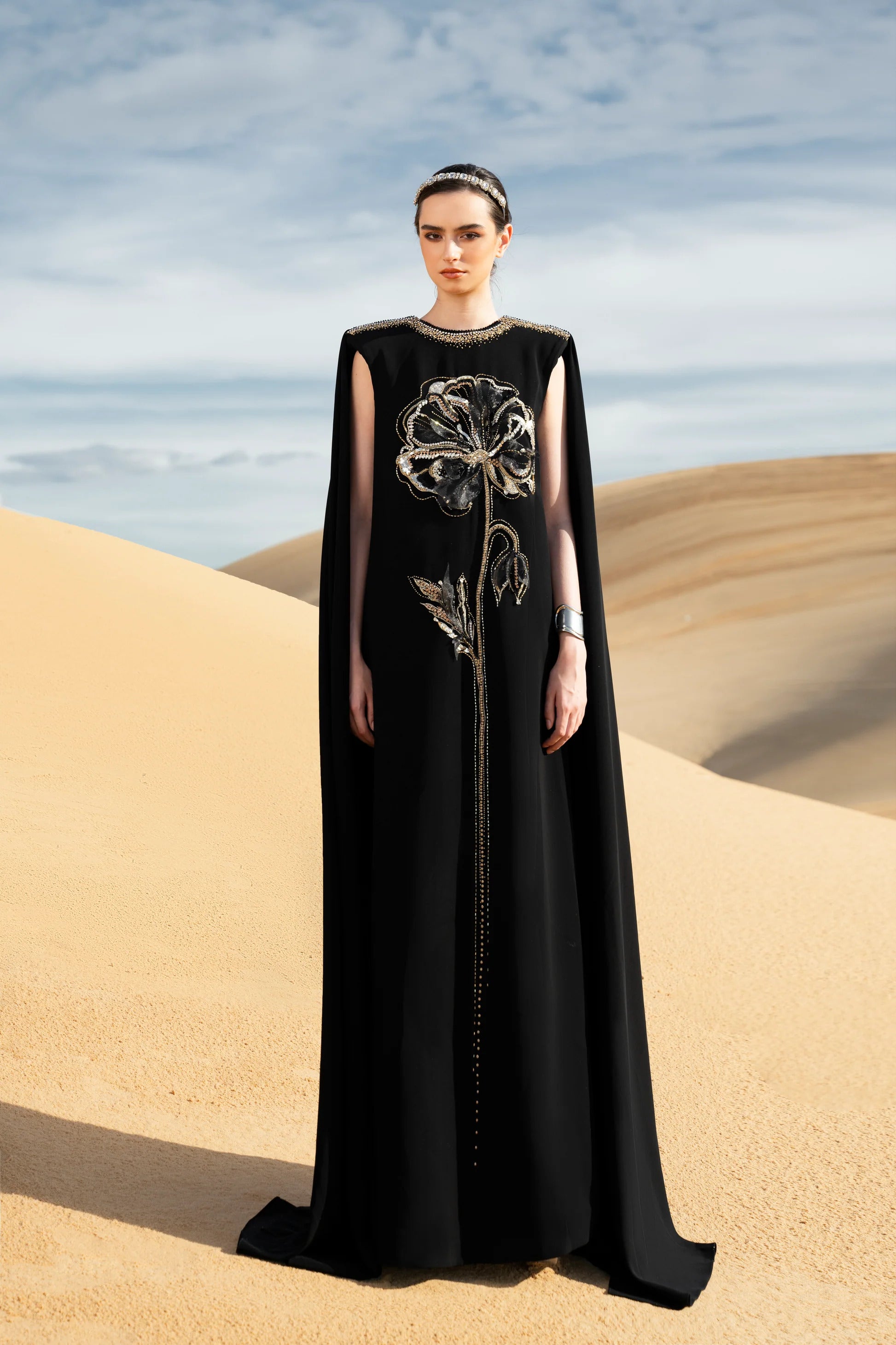 Stefania Cape Sleeveless Velvet Satin Maxi Dress