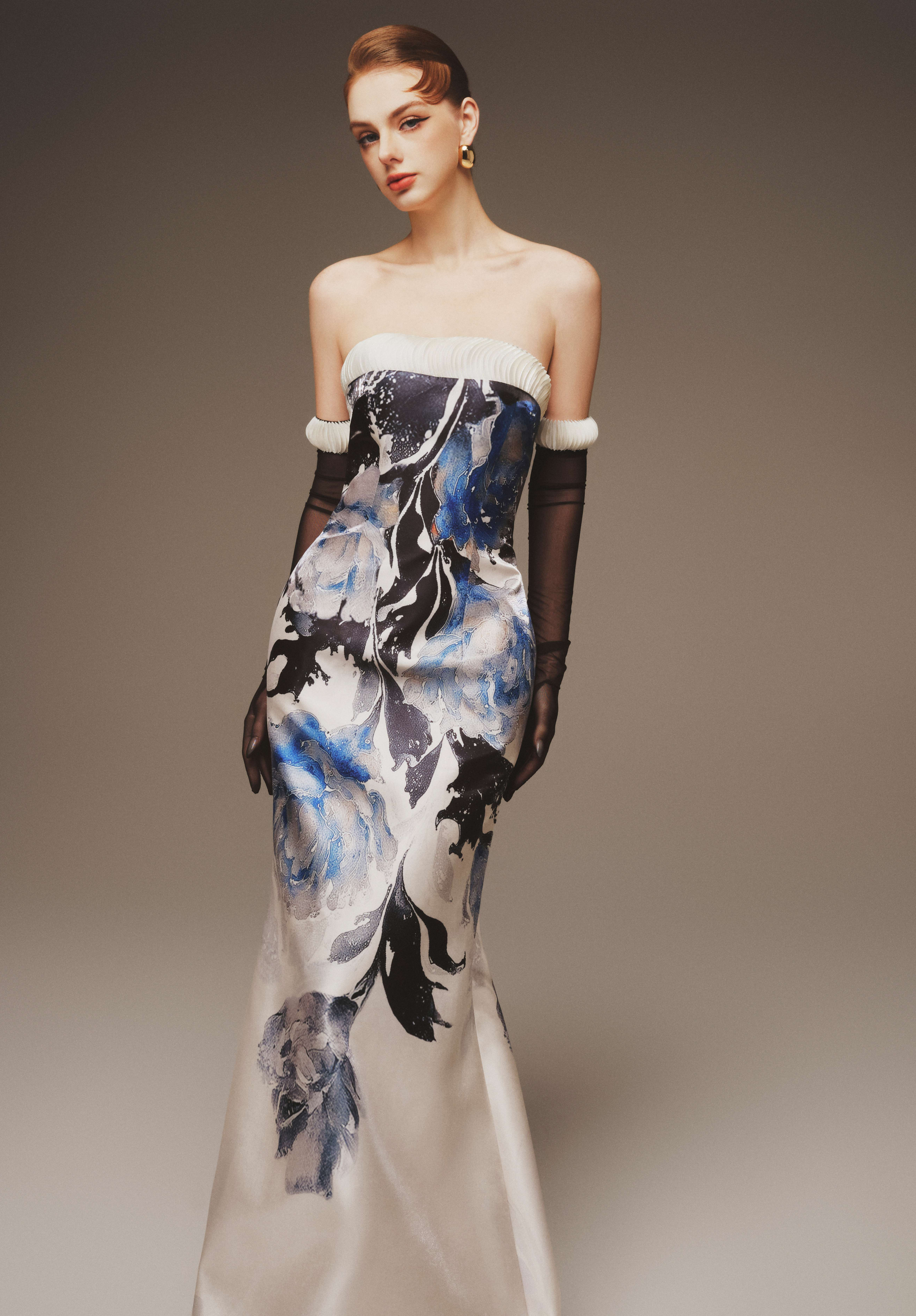 Strapless Printed Taffeta Maxi Gown