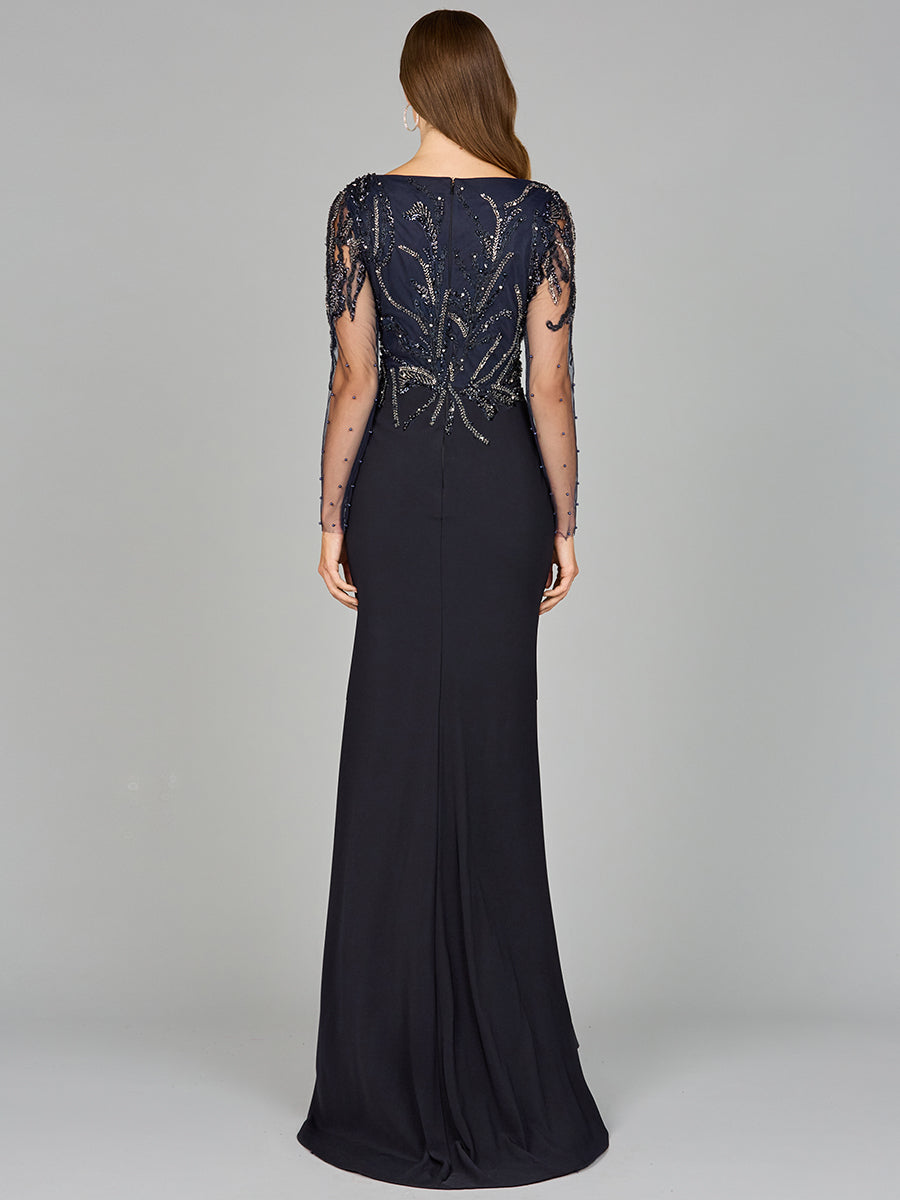 Style 29044 – Navy Long Sleeve Column Gown | Elegant Mother of the Bride Formal Evening Dress