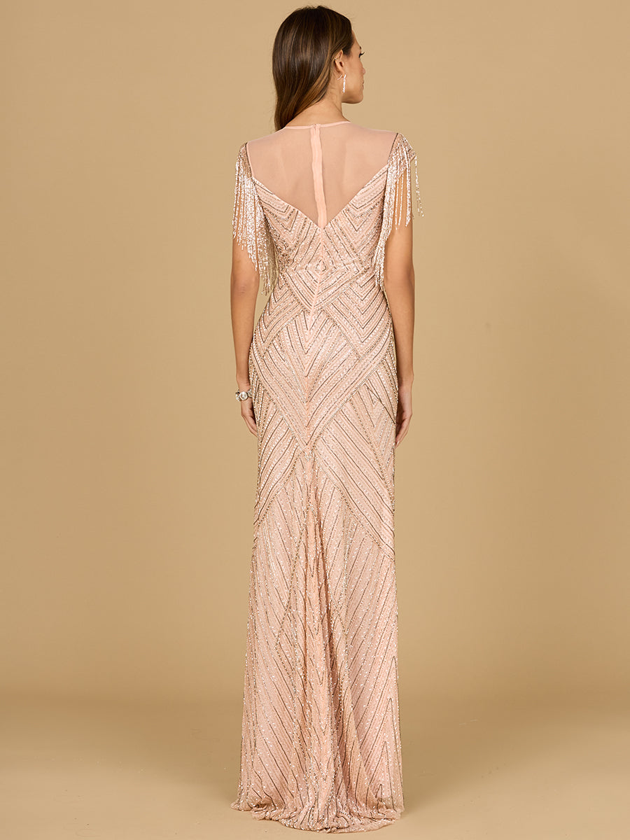 Style 29053 – Blush Geometric Fringe Beaded Cap Sleeve Gown | Illusion Neck Evening Dress
