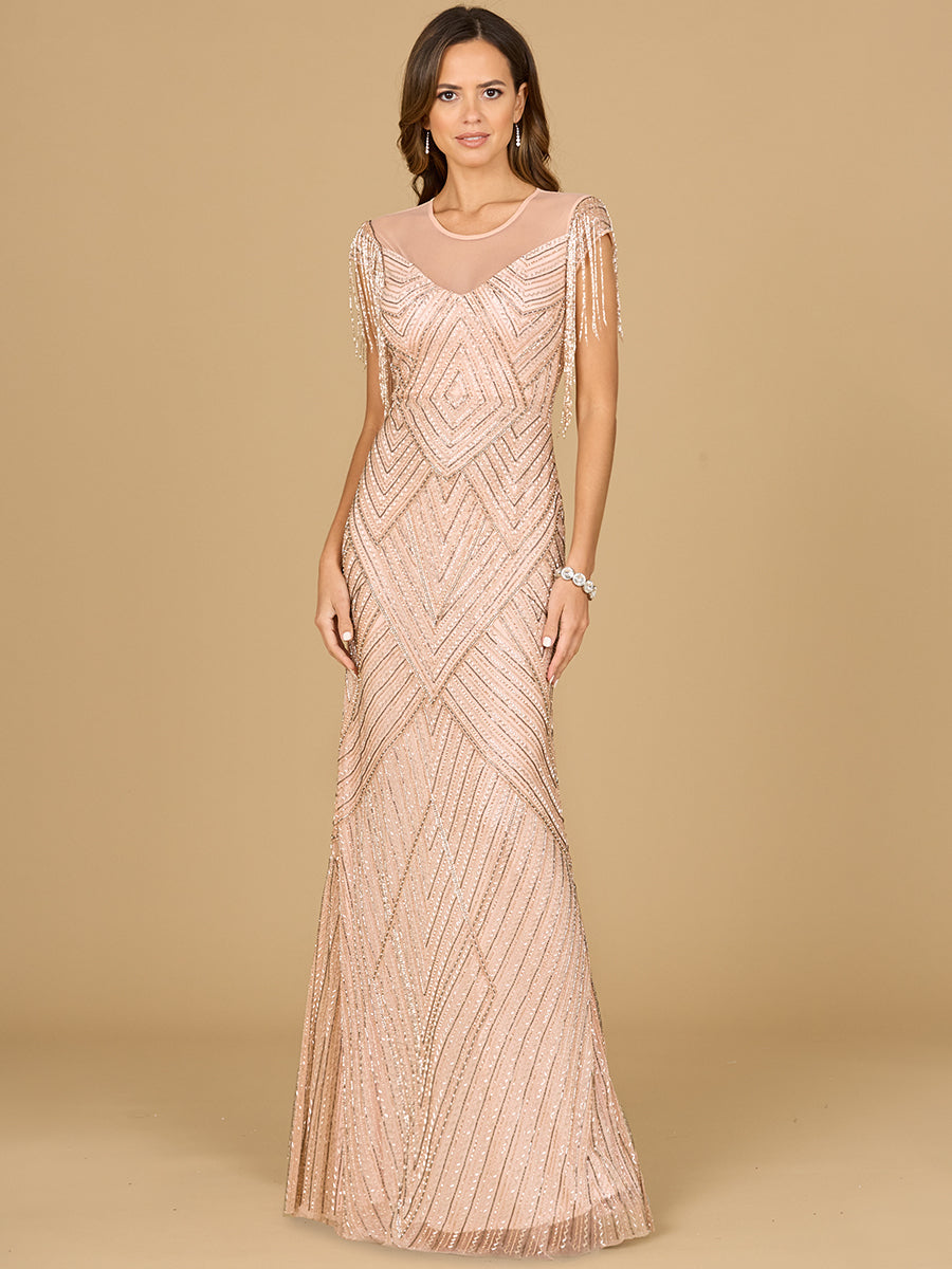 Style 29053 – Blush Geometric Fringe Beaded Cap Sleeve Gown | Illusion Neck Evening Dress