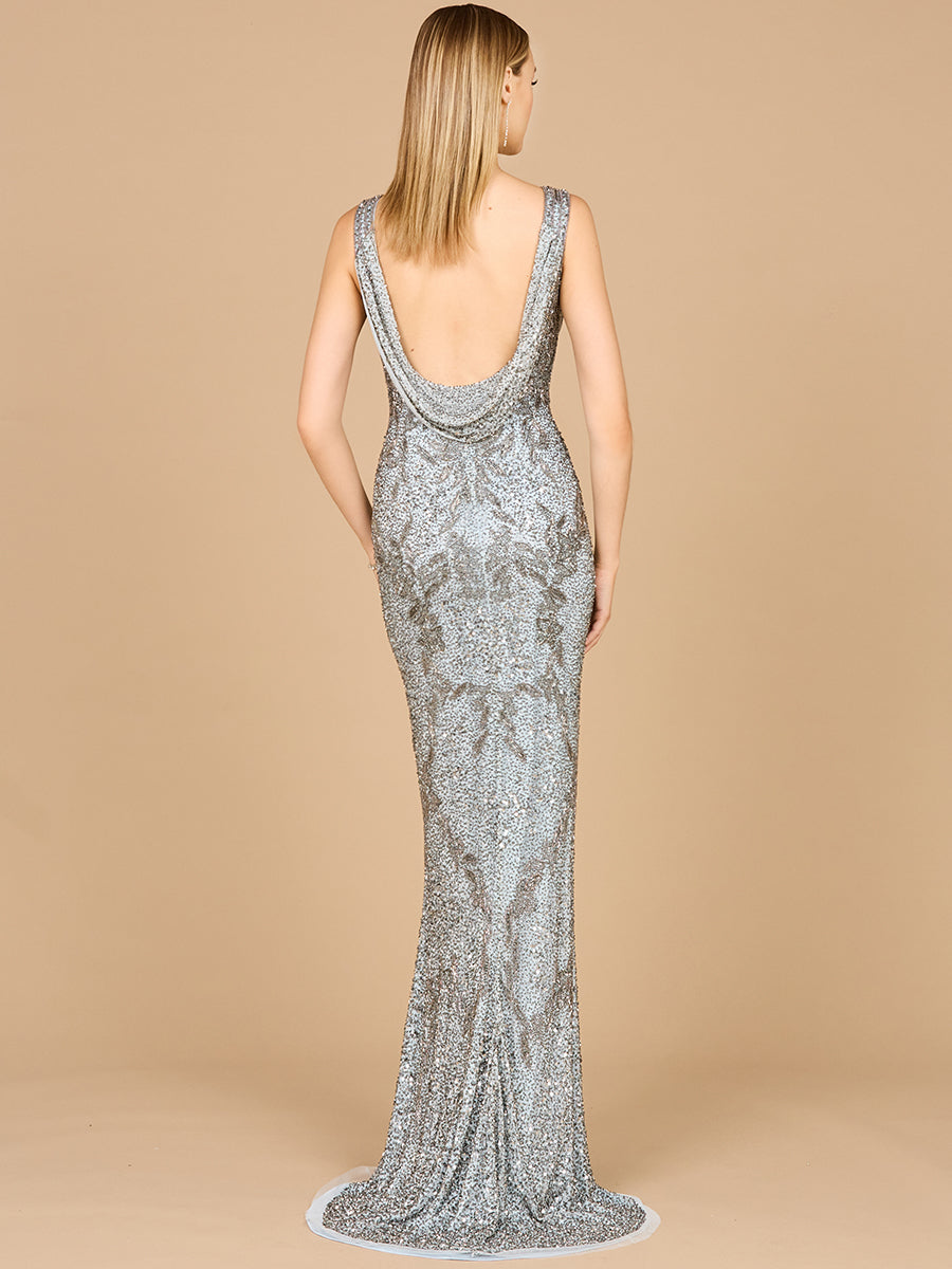 Style 29076 – Slate Beaded Sequin Sleeveless Long Gown | V-Neck Cowl Back Evening Dress