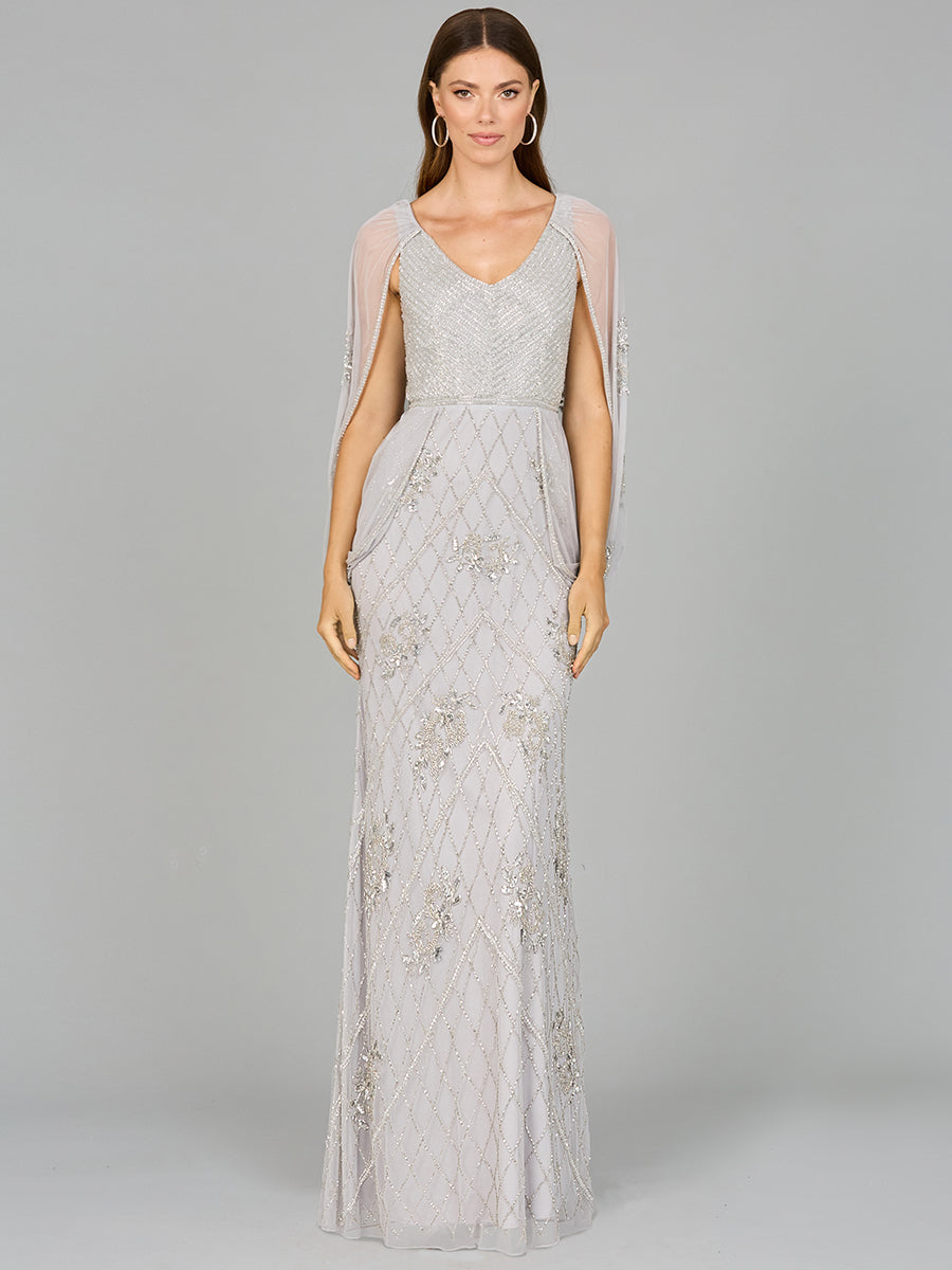 Style 29095 – Long Sleeve A-Line Column Gown | Modest Formal Evening Dress in Dusty Rose & Silver
