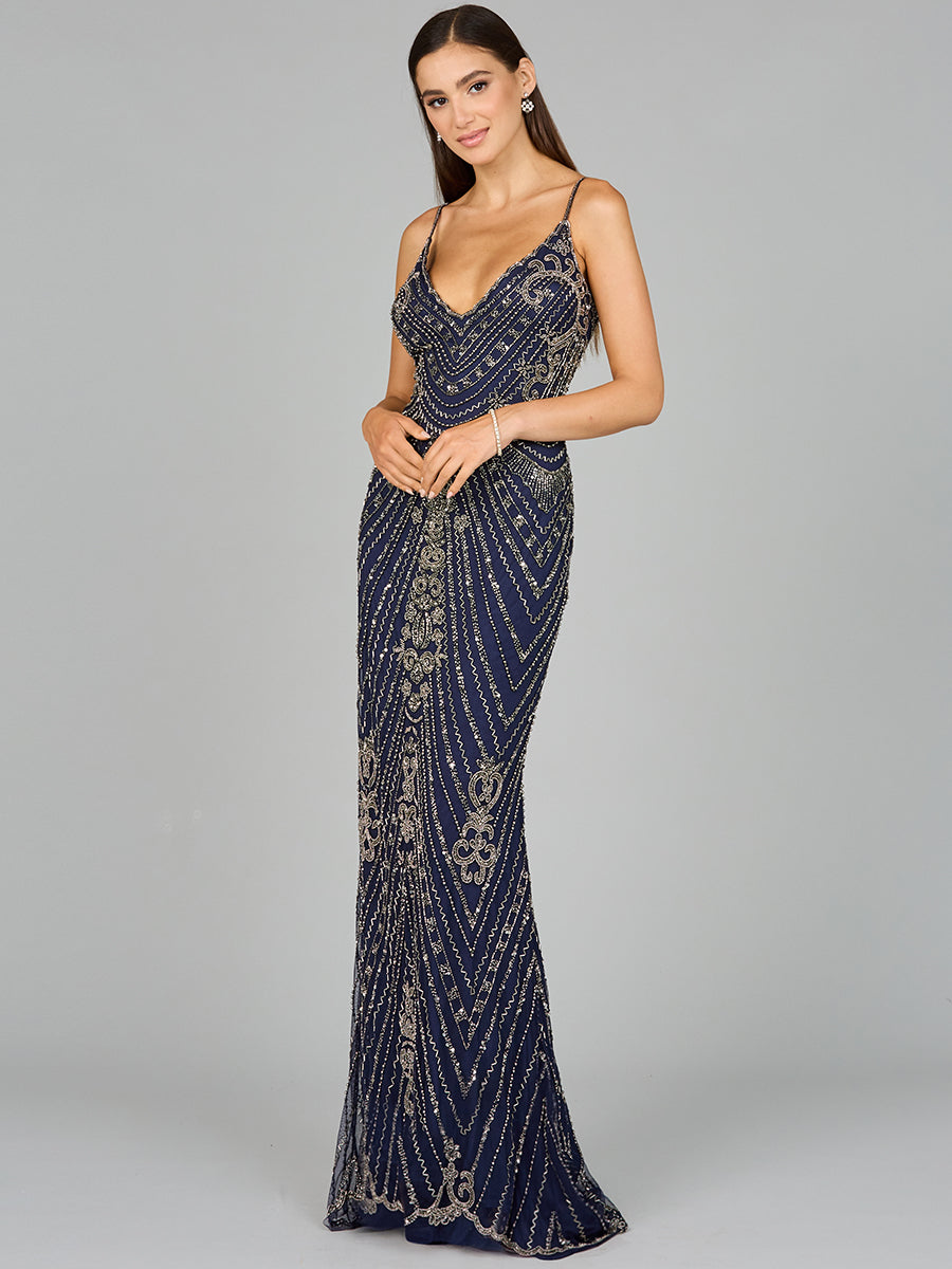 Style 29109 Beaded V-Neck Column Evening Gown - Blush & Navy