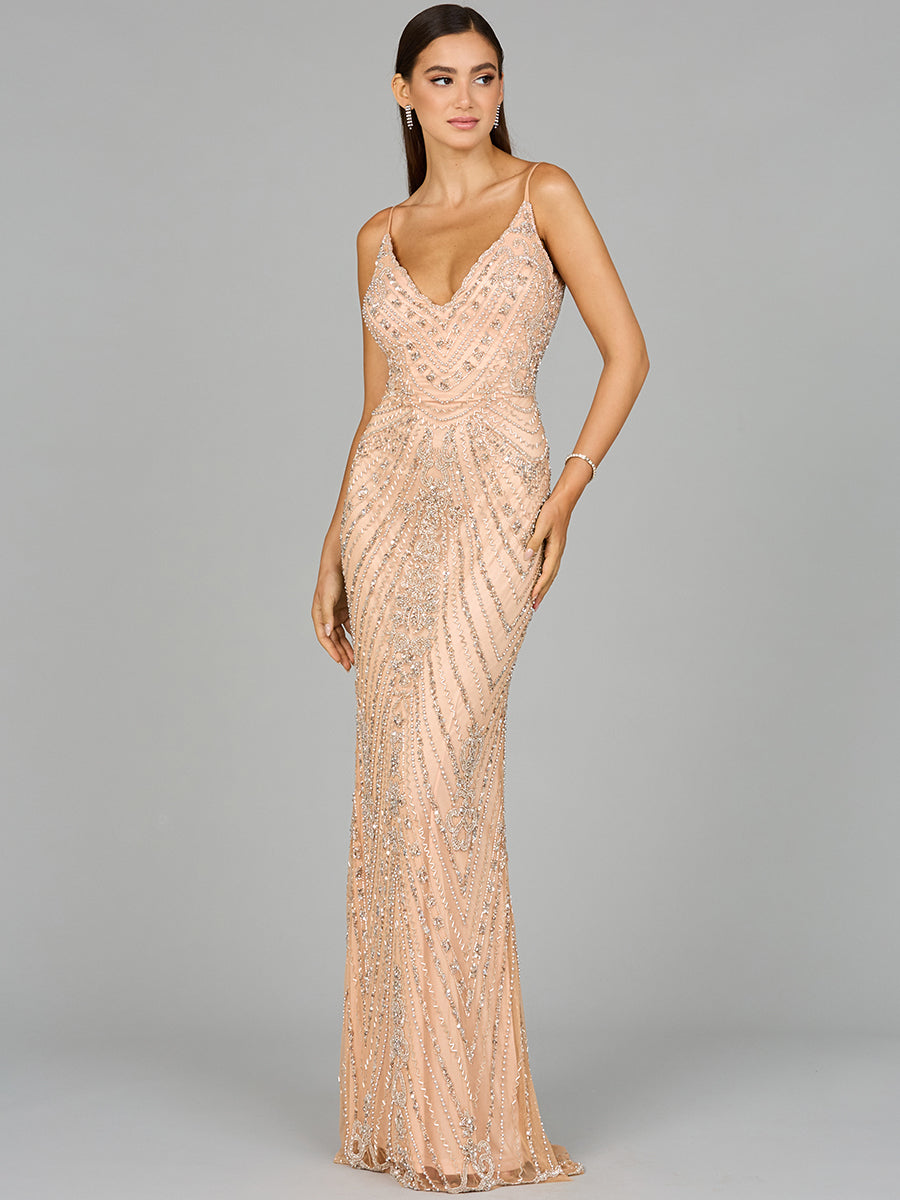 Style 29109 Beaded V-Neck Column Evening Gown - Blush & Navy