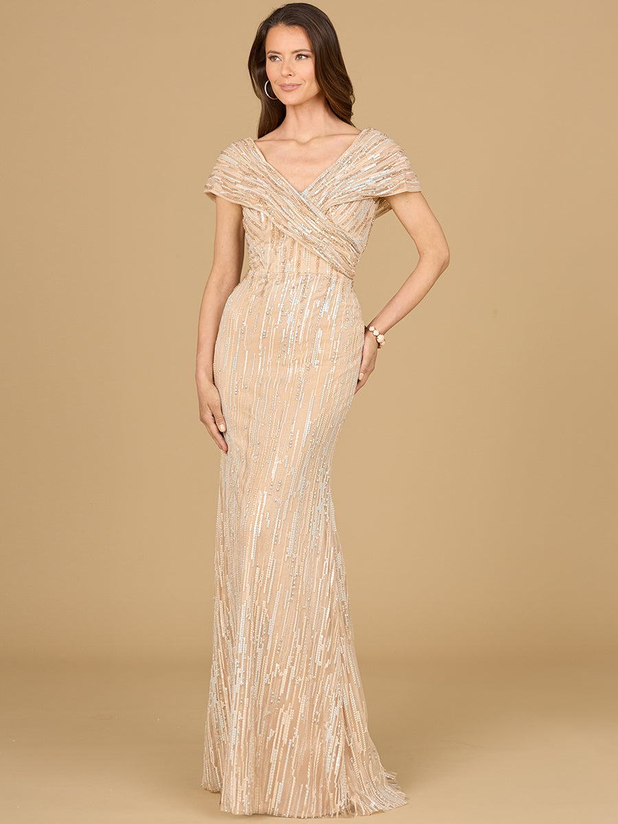 Style 29144 – Lace Mermaid Gown | V-Neck Off-Shoulder Cap Sleeve Mother of the Bride Dress