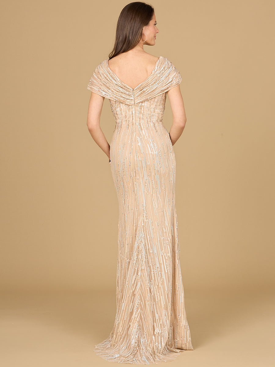 Style 29144 – Lace Mermaid Gown | V-Neck Off-Shoulder Cap Sleeve Mother of the Bride Dress