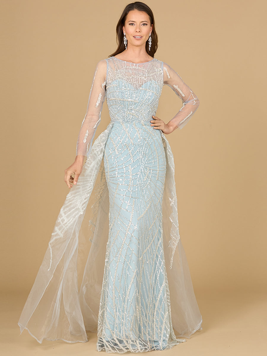 Style 29146 – Frost Geometric Beaded Gown | Embellished Long Sleeve V-Neck Overskirt Modest Dress