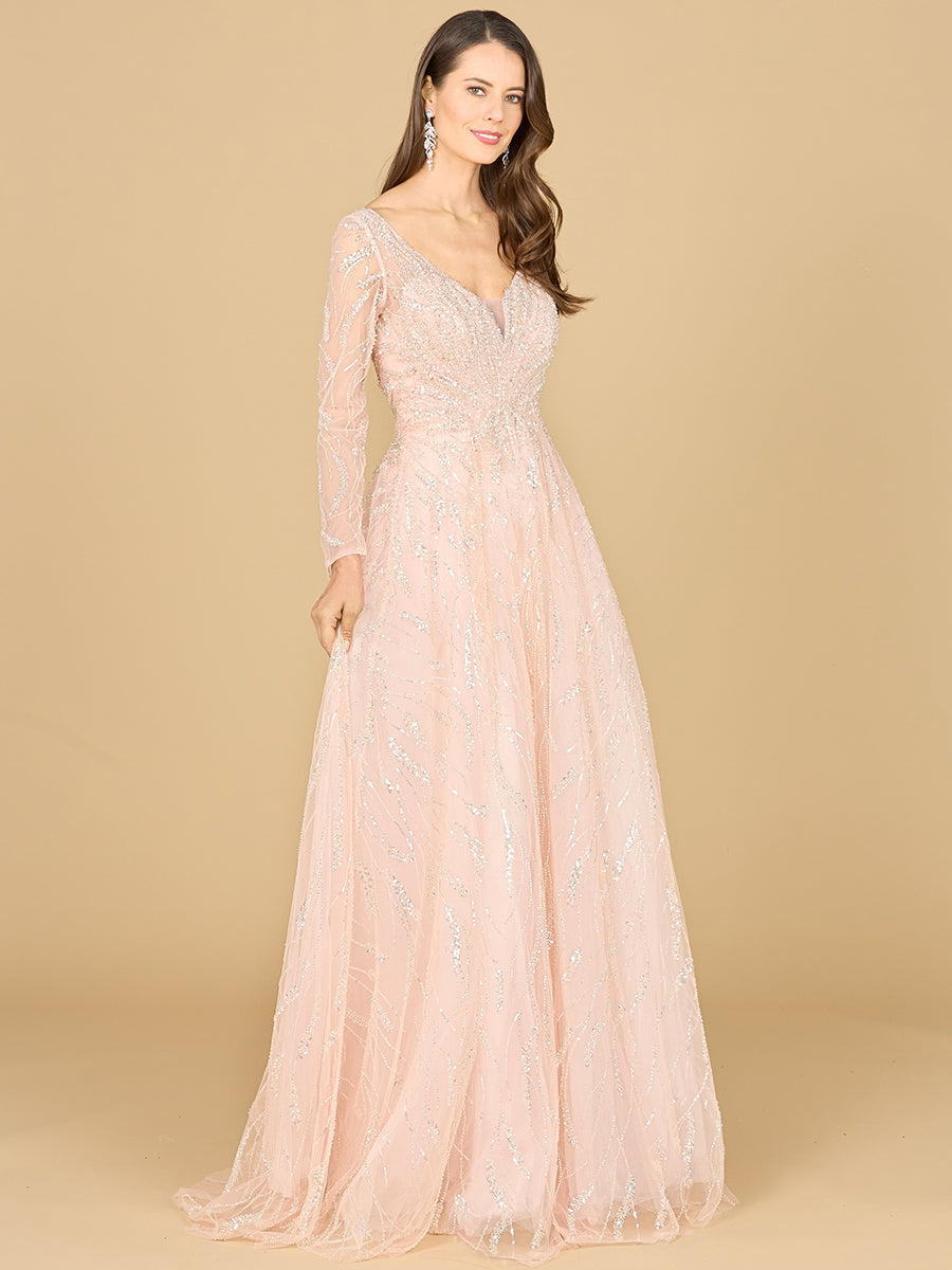 Style 29157 – Powder Pink Beaded Lace A-Line Gown | Long Sleeve V-Neck Formal Evening Dress