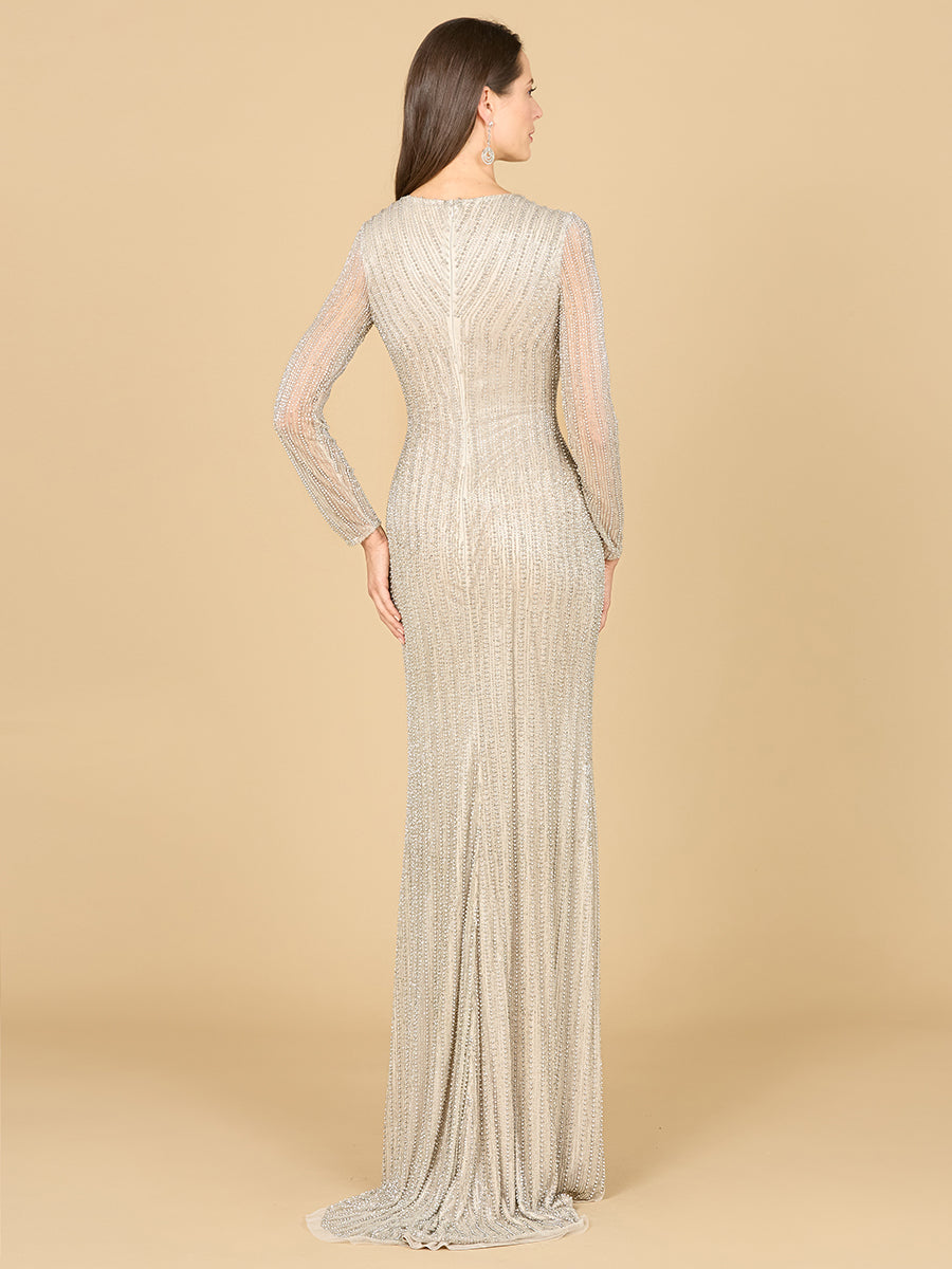 Style 29163 – Silver Beaded Long Sleeve Evening Dress | V-Neck Fitted Gown
