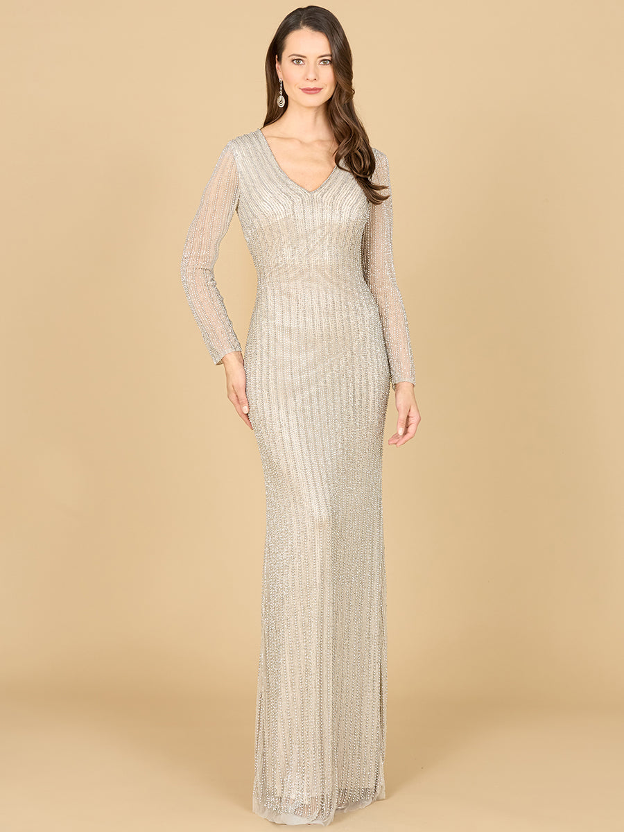 Style 29163 – Silver Beaded Long Sleeve Evening Dress | V-Neck Fitted Gown