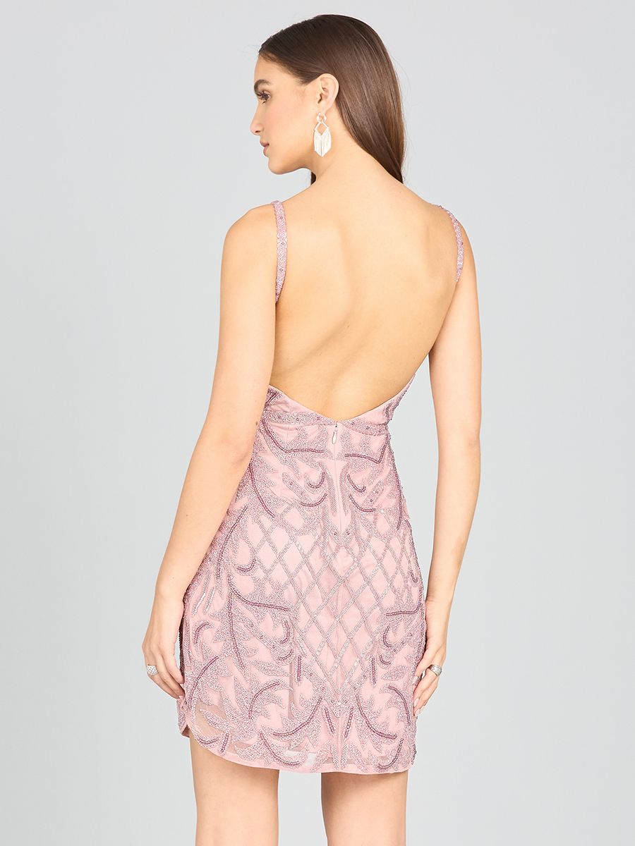 Style 29176 – Cashmere Beaded Mini Cocktail Dress | Plunging V-Neck Low Back Strappy