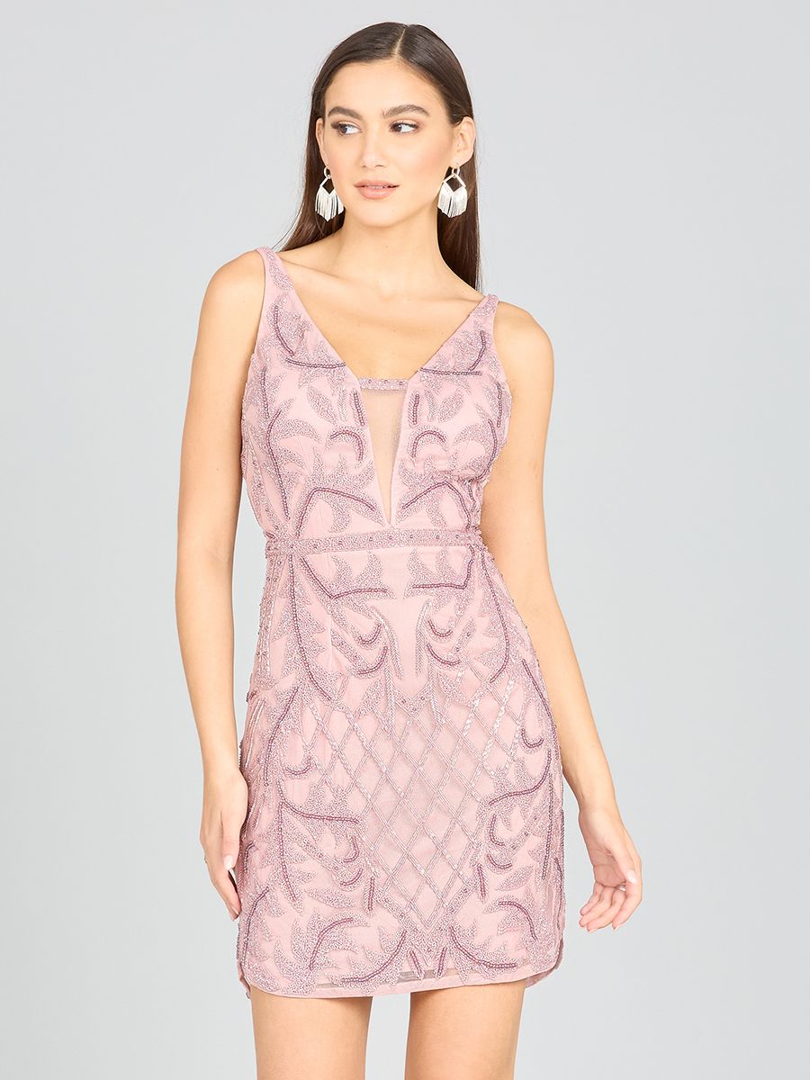 Style 29176 – Cashmere Beaded Mini Cocktail Dress | Plunging V-Neck Low Back Strappy