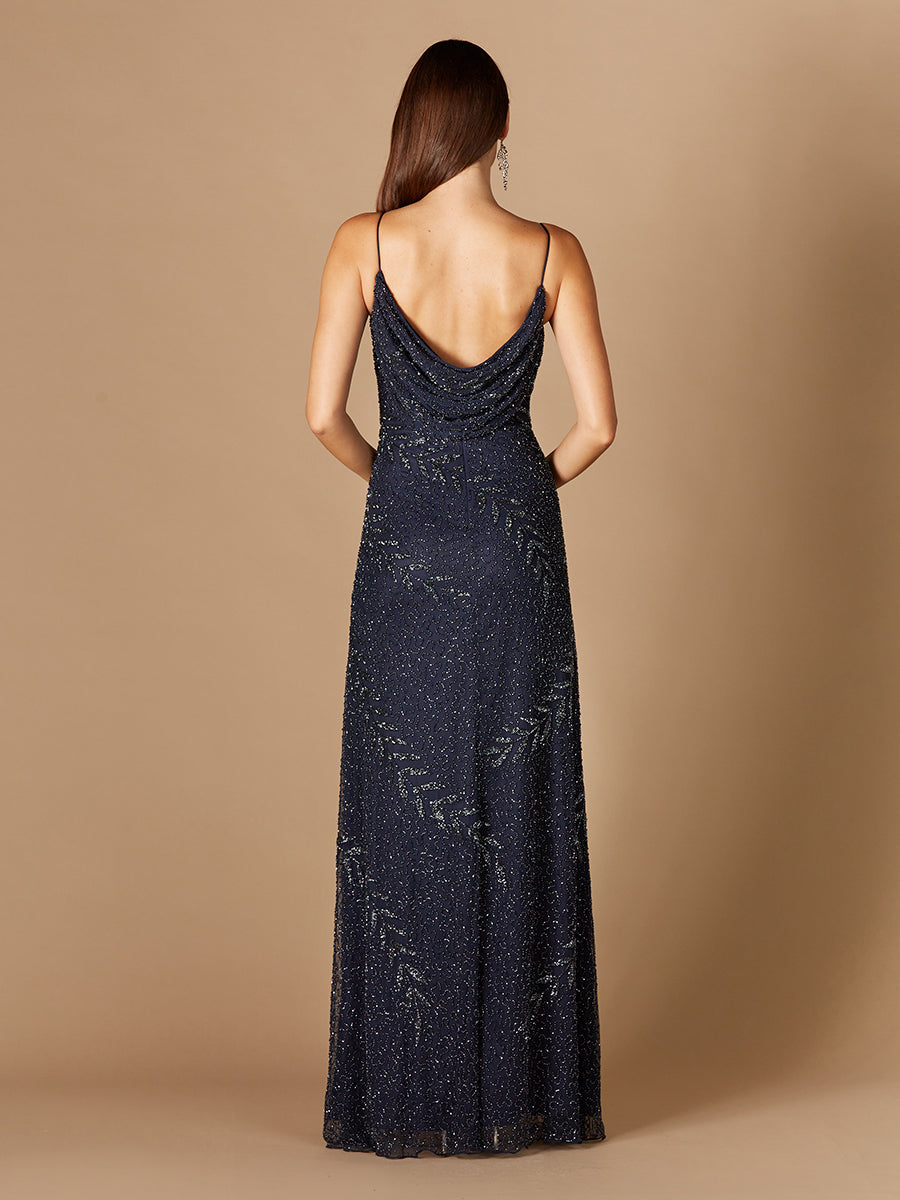 Style 29282 – Beaded Embroidered Spaghetti Strap A-Line Gown | Cowl Back Evening Dress