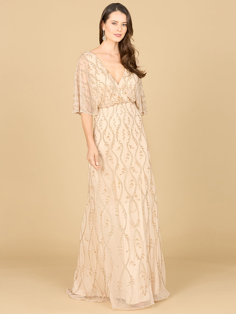 Style 29319 – Beaded Cape Sleeve Gown | V-Neck Mother of the Bride Modest Evening Dress