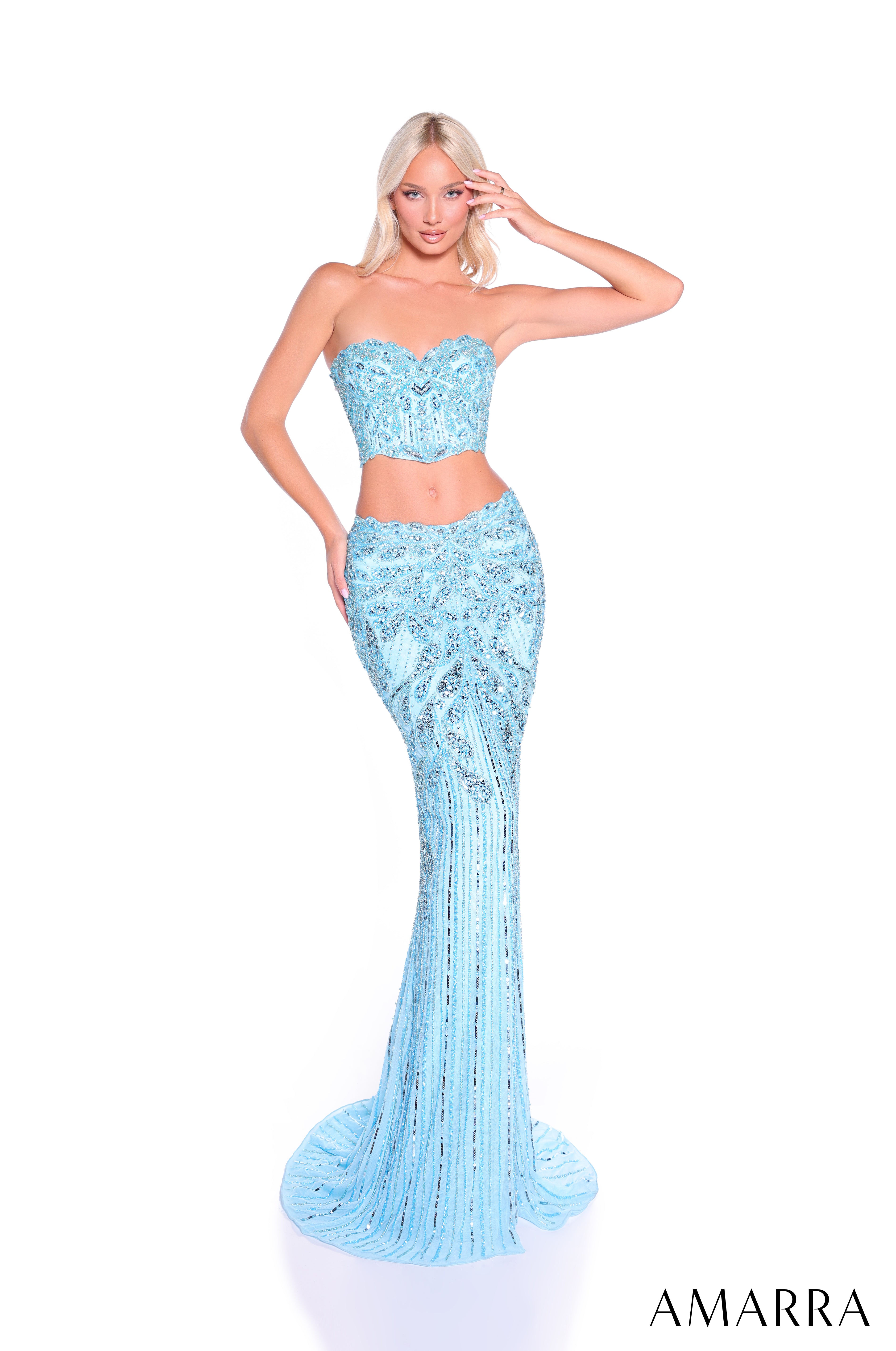 Style 89059 – Two-Piece Sequin Sweetheart Crop Top & Fitted Skirt Gown