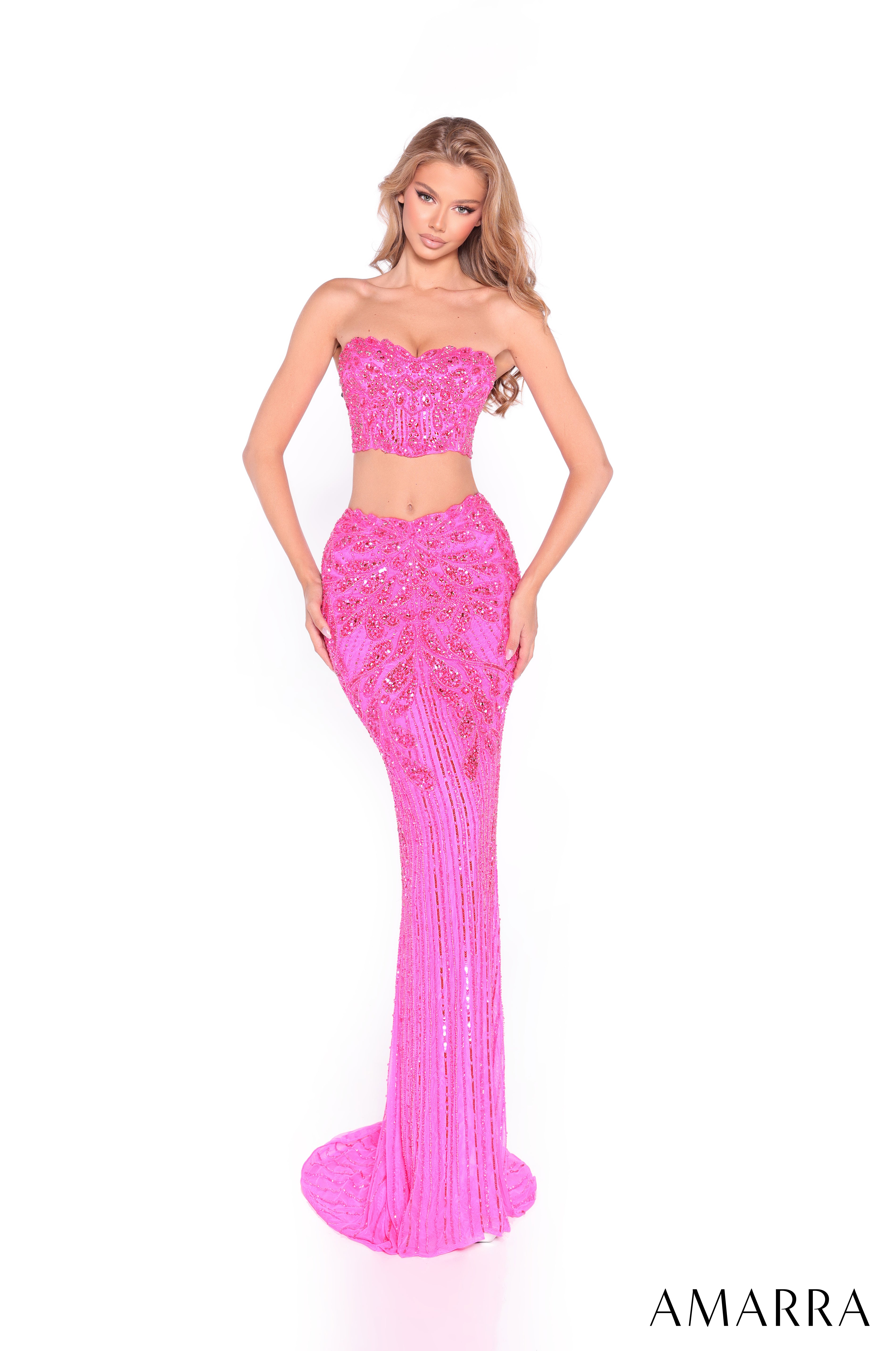 Style 89059 – Two-Piece Sequin Sweetheart Crop Top & Fitted Skirt Gown