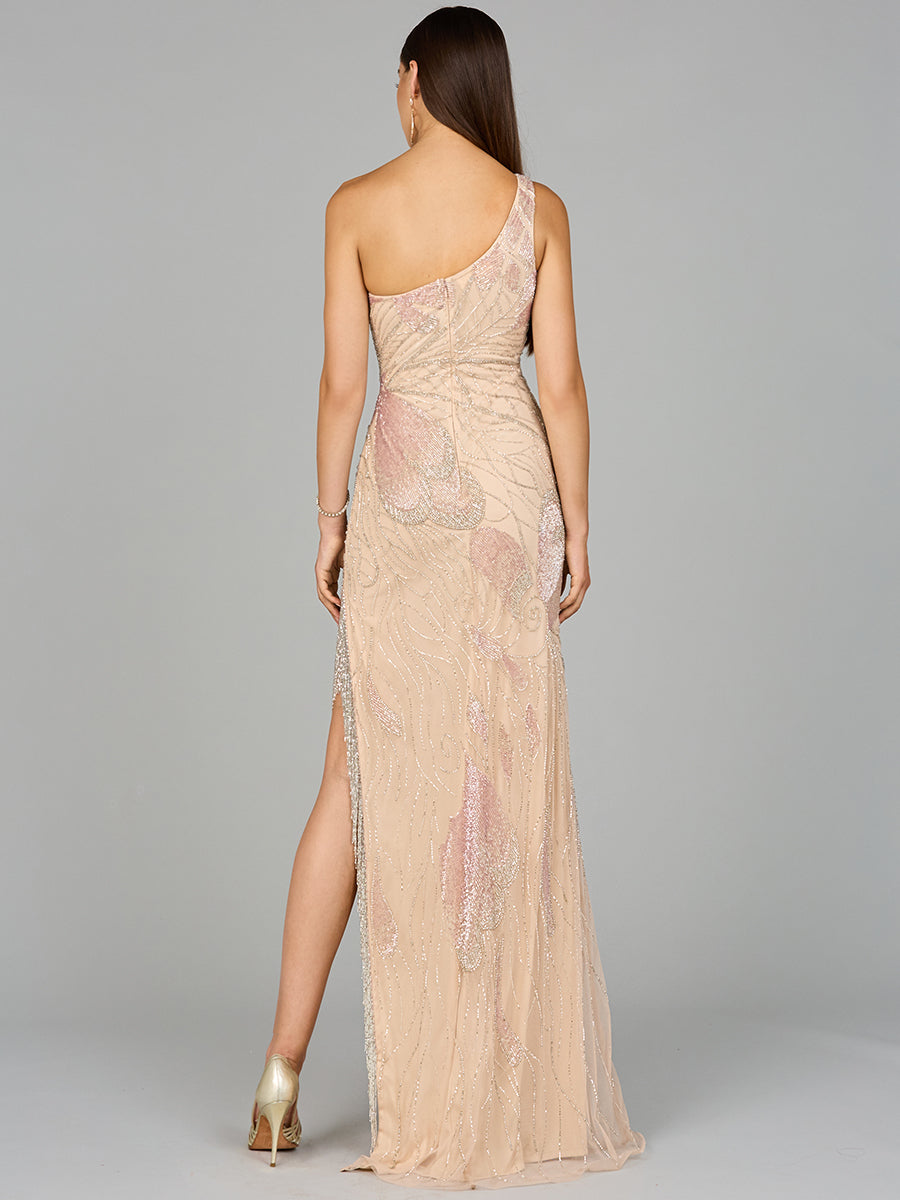 Style 9948 – One-Shoulder Column Long Gown | Elegant Prom & Bridesmaid Dress in Nude Multi & Lemon
